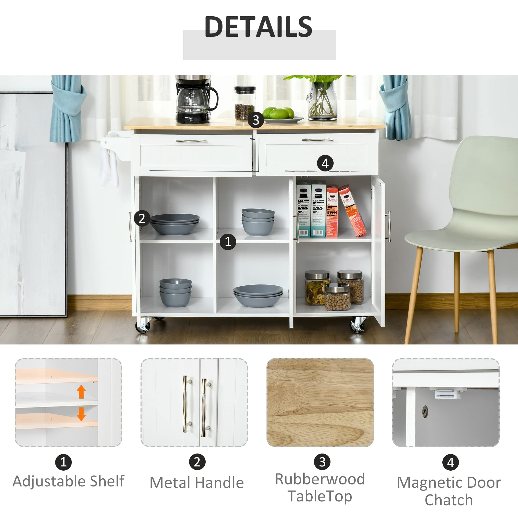 HOMCOM White Mobile Kitchen Island with Storage, Wood Top Kitchen Cart, 3-Door Cabinets, Adjustable Shelves & Towel Rack for Small Spaces, Apartments & Compact Kitchens