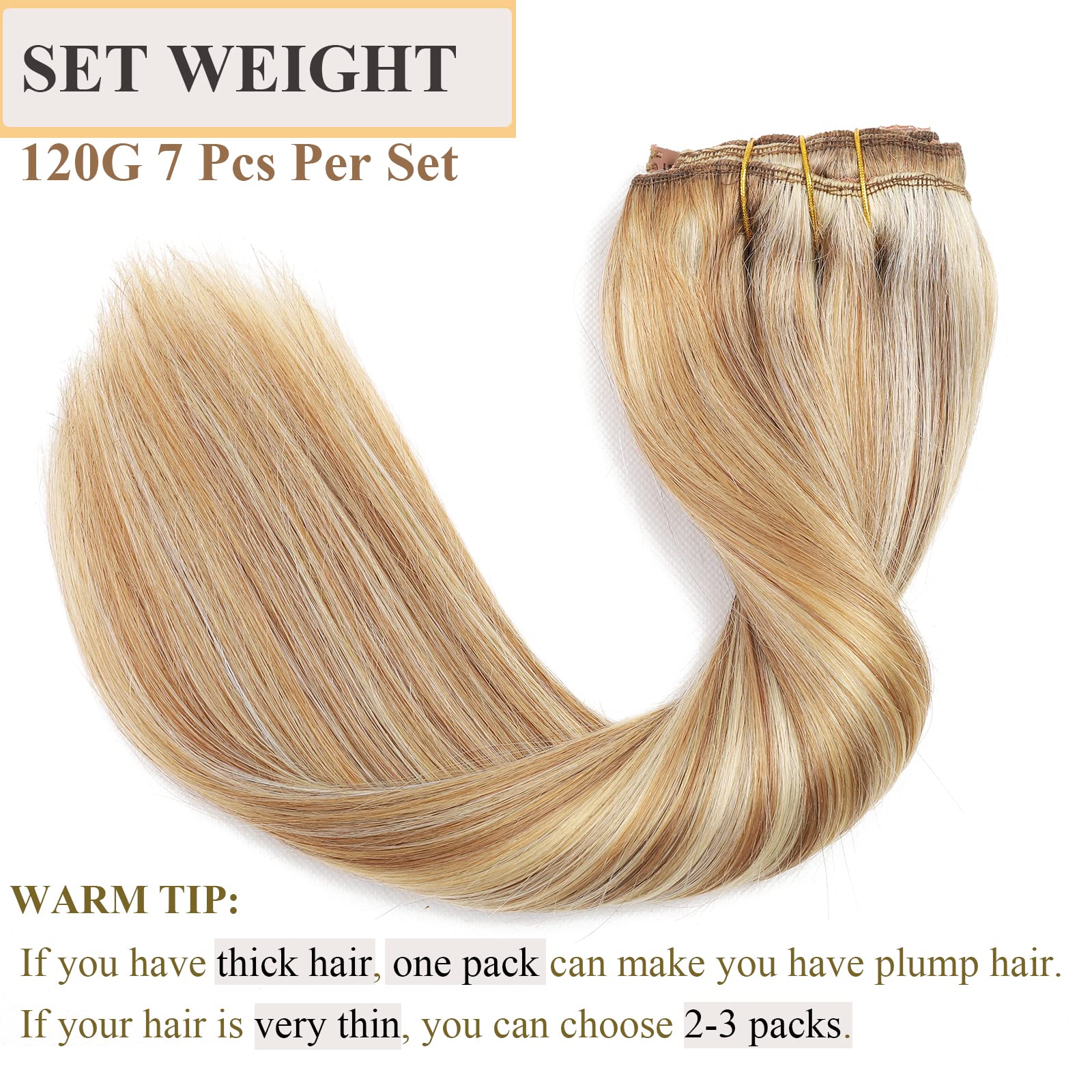 Clip in Hair Extensions 14 Inch Human Hair - 7pcs 120g Remy Straight Natural Soft Real Hair Extensions with 24 Clips | Balayage Mixed Bleach Blonde Highlights | Perfect for Women's Daily Styling, Parties & Special Occasions #P18/613