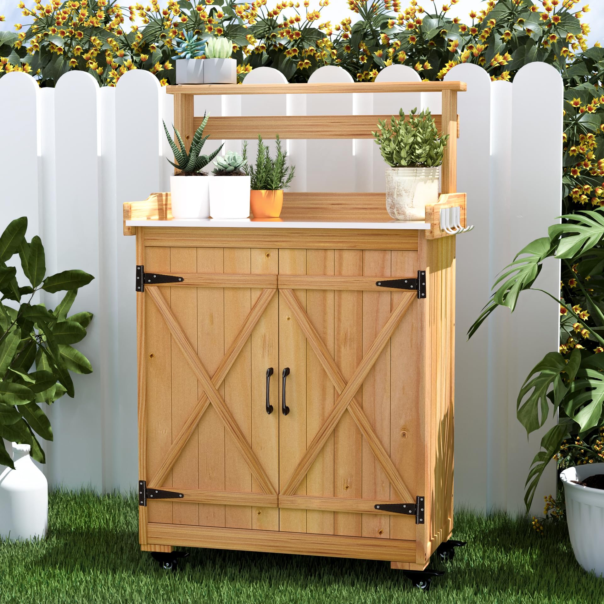 Outdoor Potting Bench with Storage - Weatherproof Garden Work Table with Metal Top & Wheels - Perfect for Planting, Gardening & Outdoor Organizing