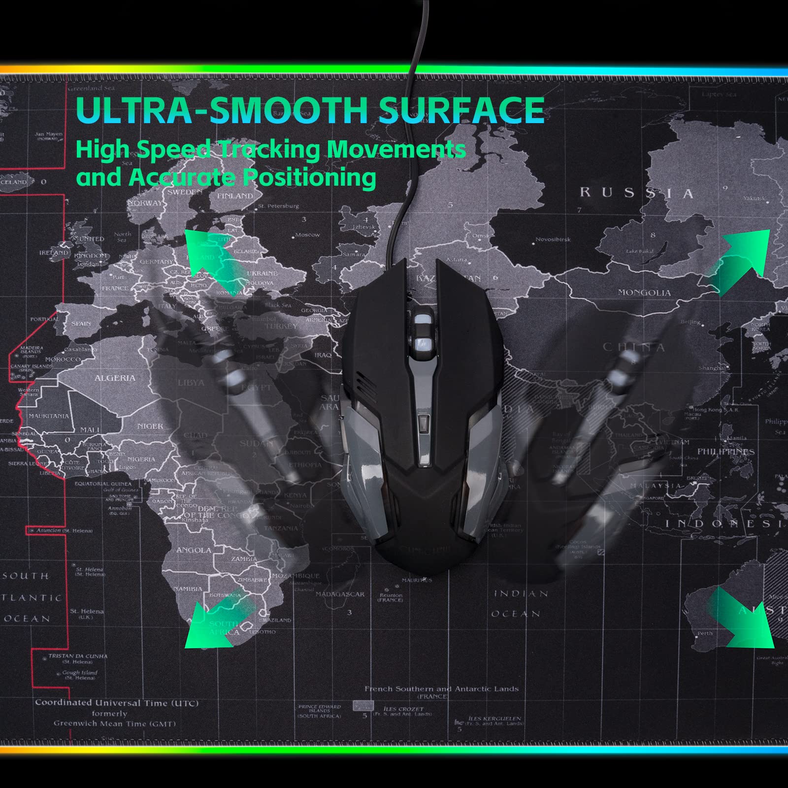 RGB Gaming Mouse Pad - Extra Large Waterproof Mouse Mat with 14 Lighting Modes for PC Gamers | Non-Slip Office Desk Mat for Computer, Gaming & Work (Map Design) - Perfect for Esports, Streaming & Home Office Setup
