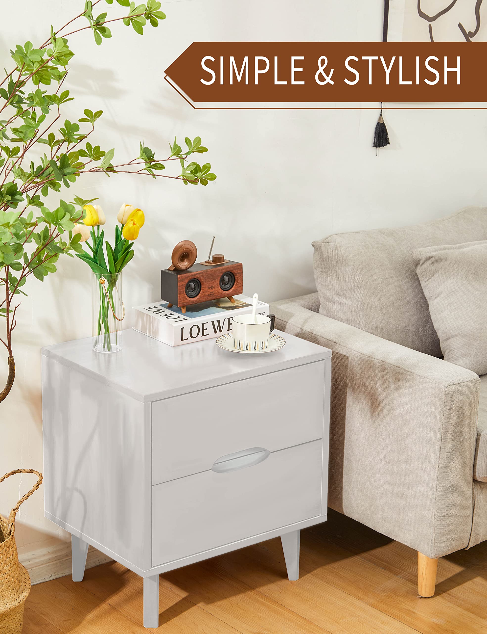 Mid Century Modern Nightstand with Grooved Handle - 2 Drawer Wooden Bedside Table with Storage Shelf, White - Perfect for Bedroom, Living Room & Guest Room Décor