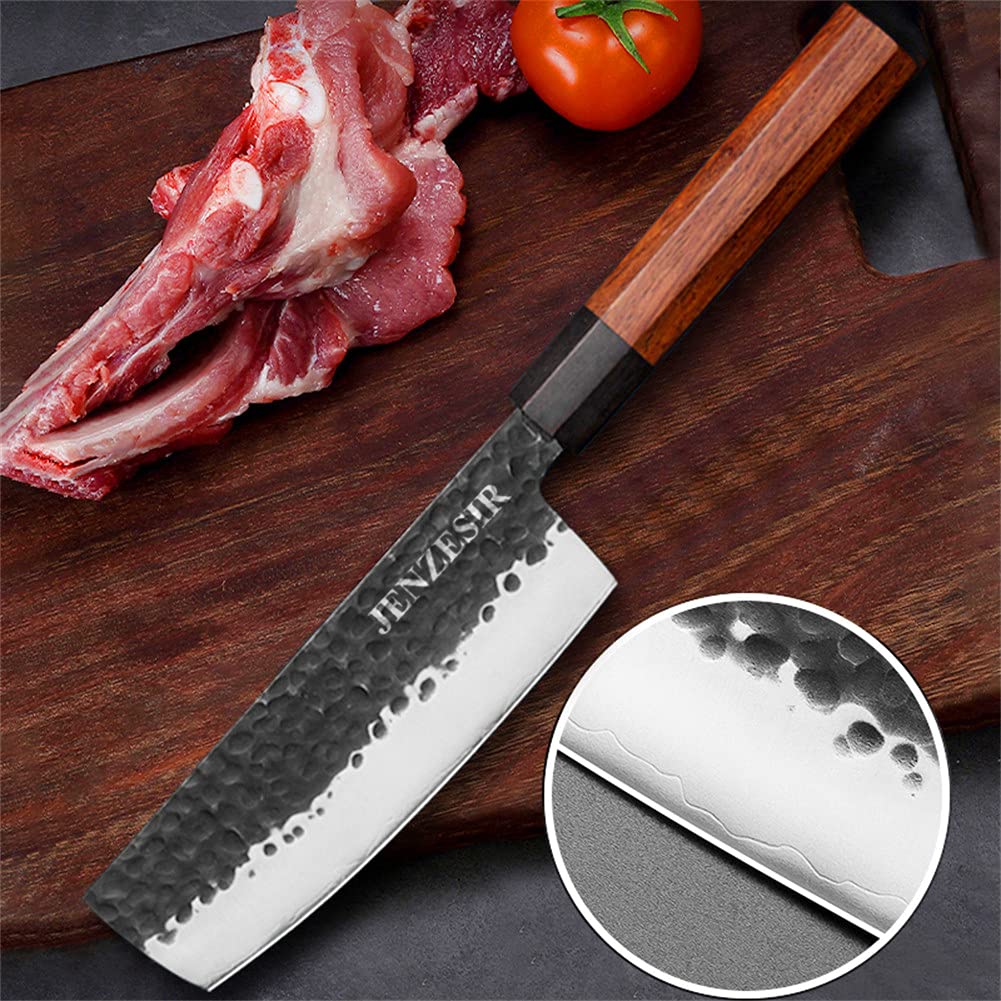 Ultra Sharp 7 Inch Japanese Nakiri Chef Knife - Handmade Forged 8Cr13MOV Steel Professional Kitchen Cleaver | Multi-Purpose Gyuto Knife for Home & Restaurant | Perfect for Slicing Vegetables, Meat Prep & Asian Cuisine