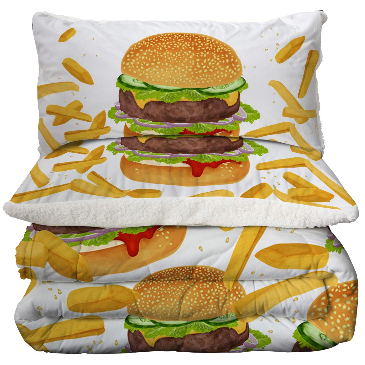 Super Soft Sherpa Comforter Set - Faux Fur Bedspread & 3D Lightweight Fuzzy Duvet Blanket with Polyester Filler - Includes 2 Pillow Shams (Hamburger Fries Print, Full Size) - Cozy Winter Bedding for Bedroom, Dorm & Guest Room