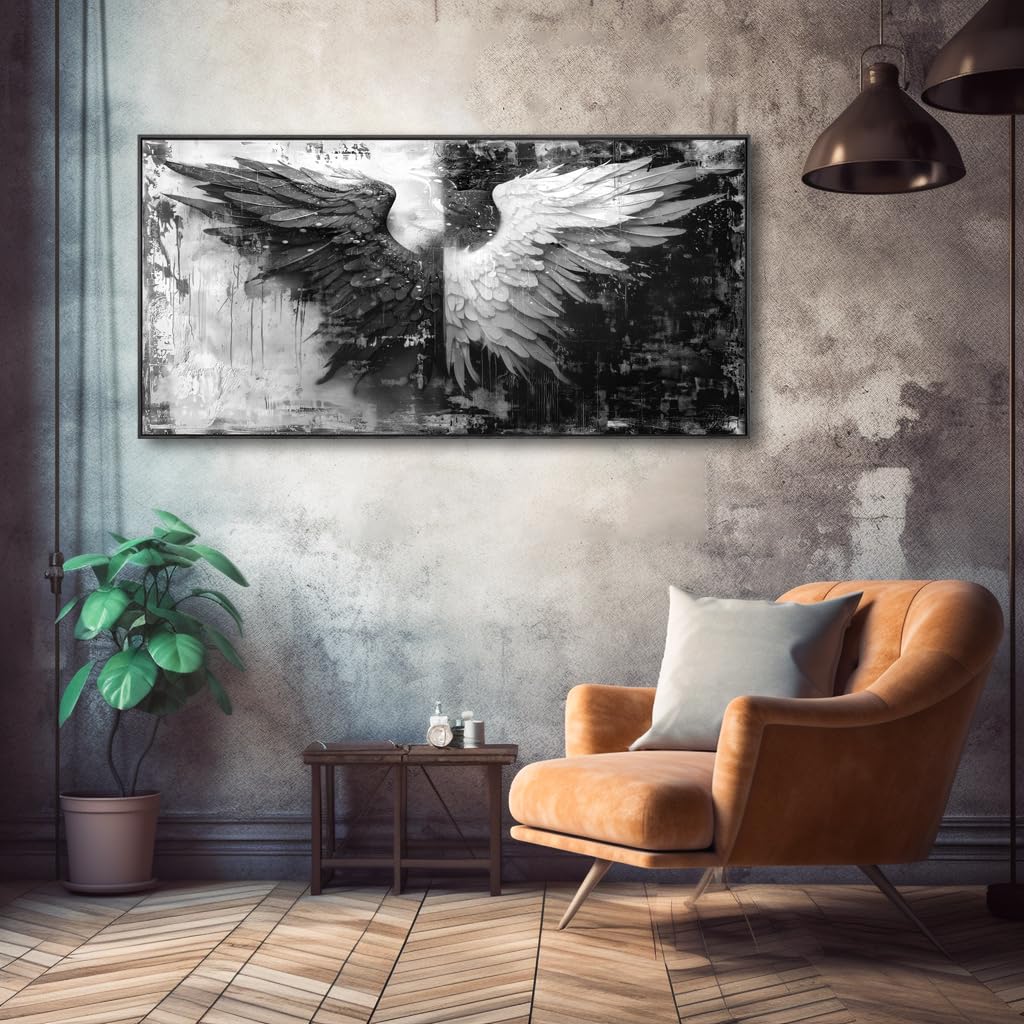 Modern Abstract Black and White Angel Wings Canvas Wall Art - Framed Home Decor for Bedroom, Living Room & Office - Perfect for Contemporary Interior Design & Gift Giving