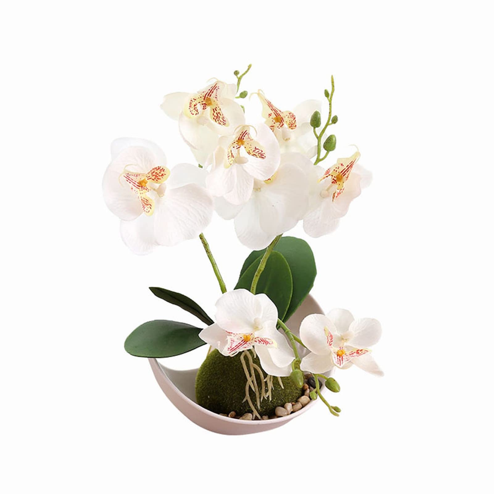 Artificial Butterfly Orchid Bonsai with Tray - Realistic Fake Flower for Home Decor, Office Desk, Wedding Centerpiece (White)