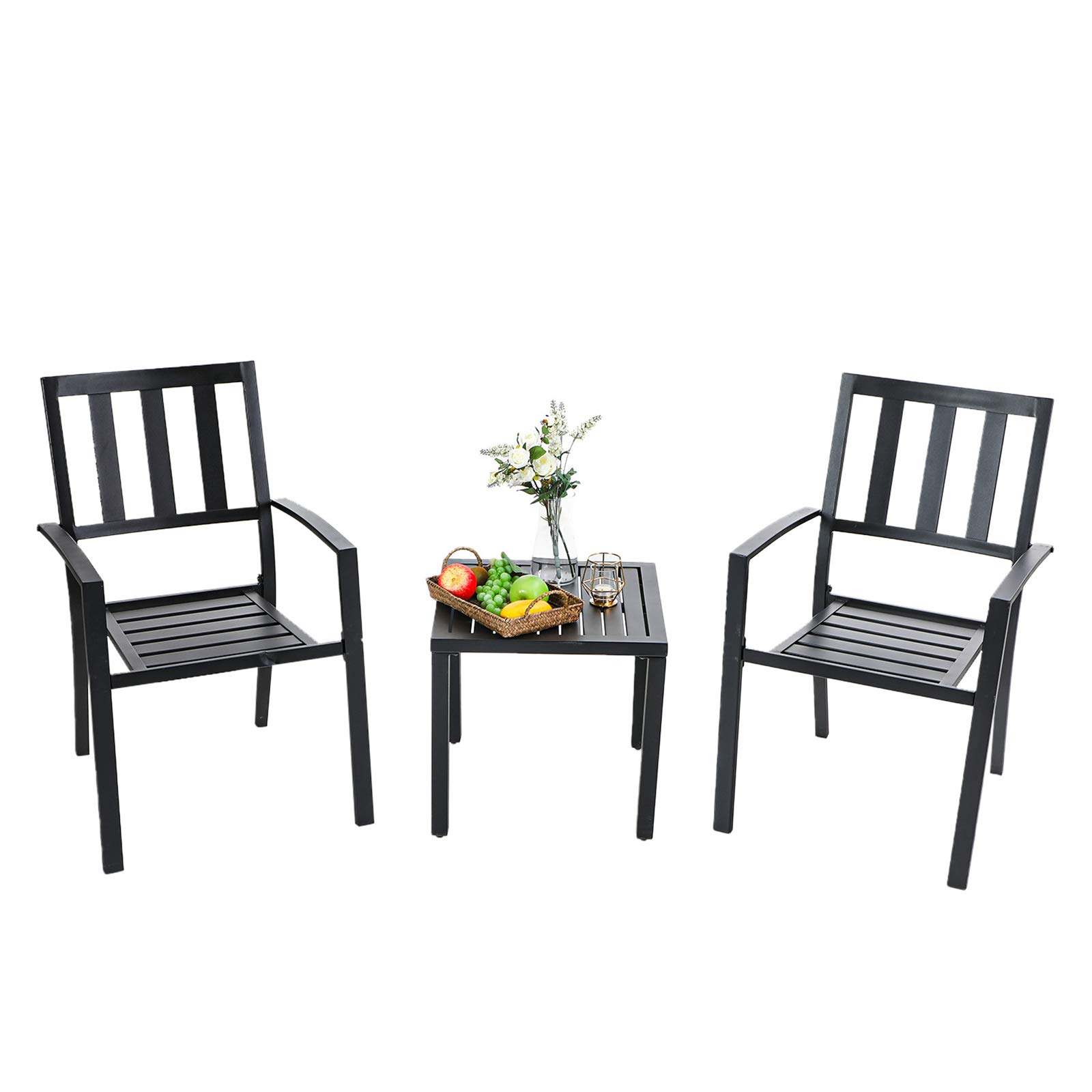 MFSTUDIO 3-Piece Black Wrought Iron Patio Bistro Set - Outdoor Dining Furniture with 2 Metal Chairs & Coffee Table for Yard, Garden, Balcony or Poolside Relaxation