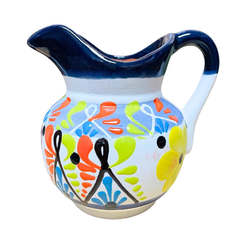 Handmade Small Engobe Clay Pitcher - Traditional Mexican Jarro Jug for Water or Beverages - Guelaguetza Artisan Design with Navy Blue Rim - Perfect for Home Decor, Kitchen Use, and Gift Giving