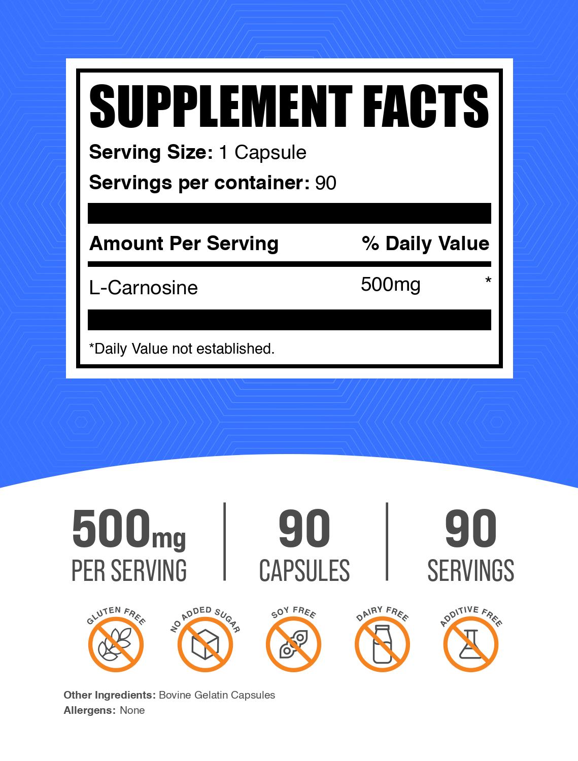 Premium L-Carnosine Capsules 500mg - Anti-Aging & Brain Health Supplement for Adults - Supports Memory, Focus & Cellular Repair - Ideal for Fitness & Wellness Enthusiasts