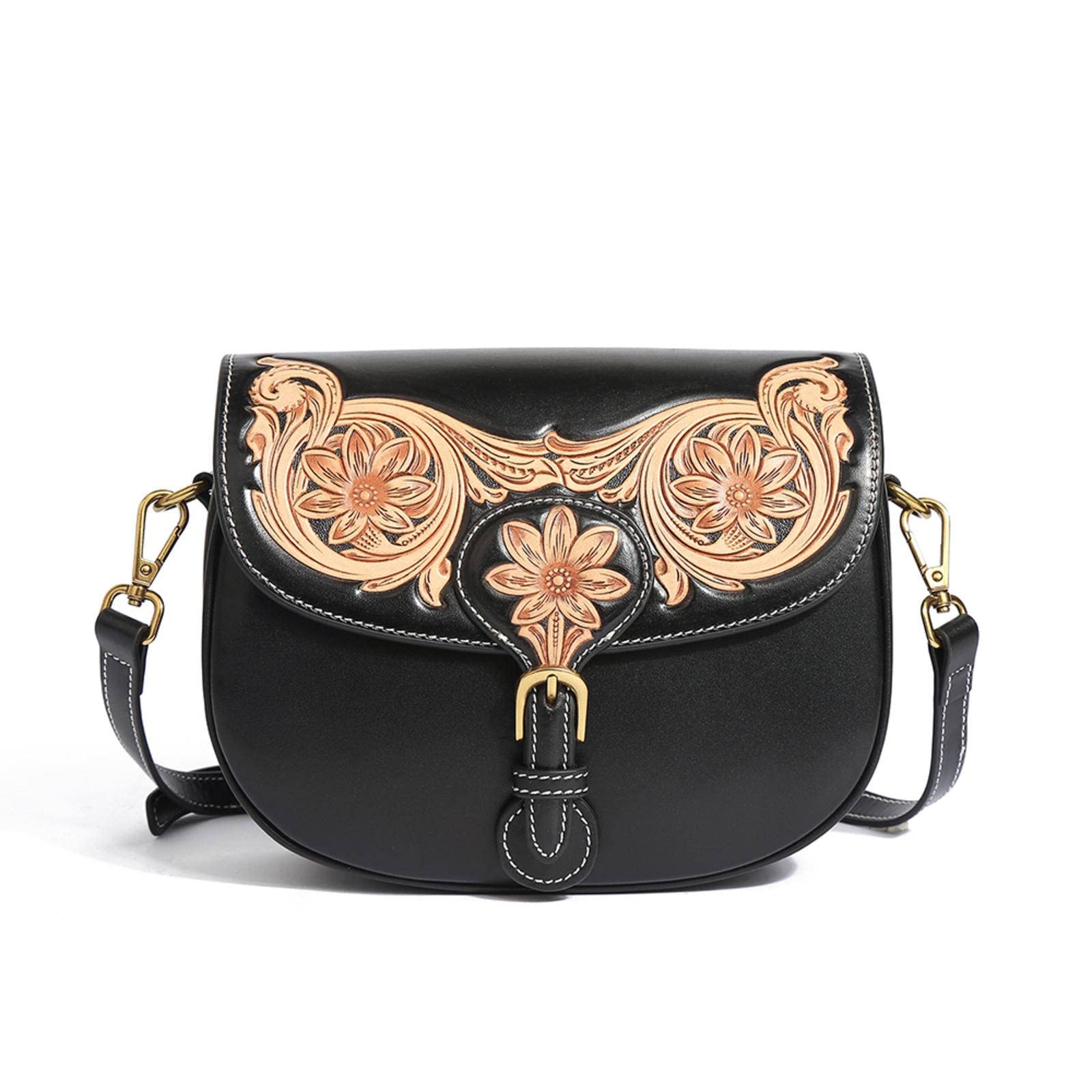 Handmade Genuine Leather Women's Shoulder Bag - Exquisite Leather Carving & Ethnic Style Crossbody Saddle Purse for Daily Use, Work, Travel & Special Occasions