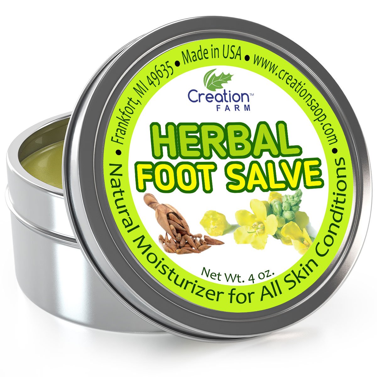 Creation Farm Foot Salve - 4 Oz Herbal Foot Balm with Peppermint & Tea Tree Oil - Moisturizing Foot Cream for Dry Cracked Heels & Calluses - Perfect for Pedicures, Post-Workout Recovery & Daily Foot Care