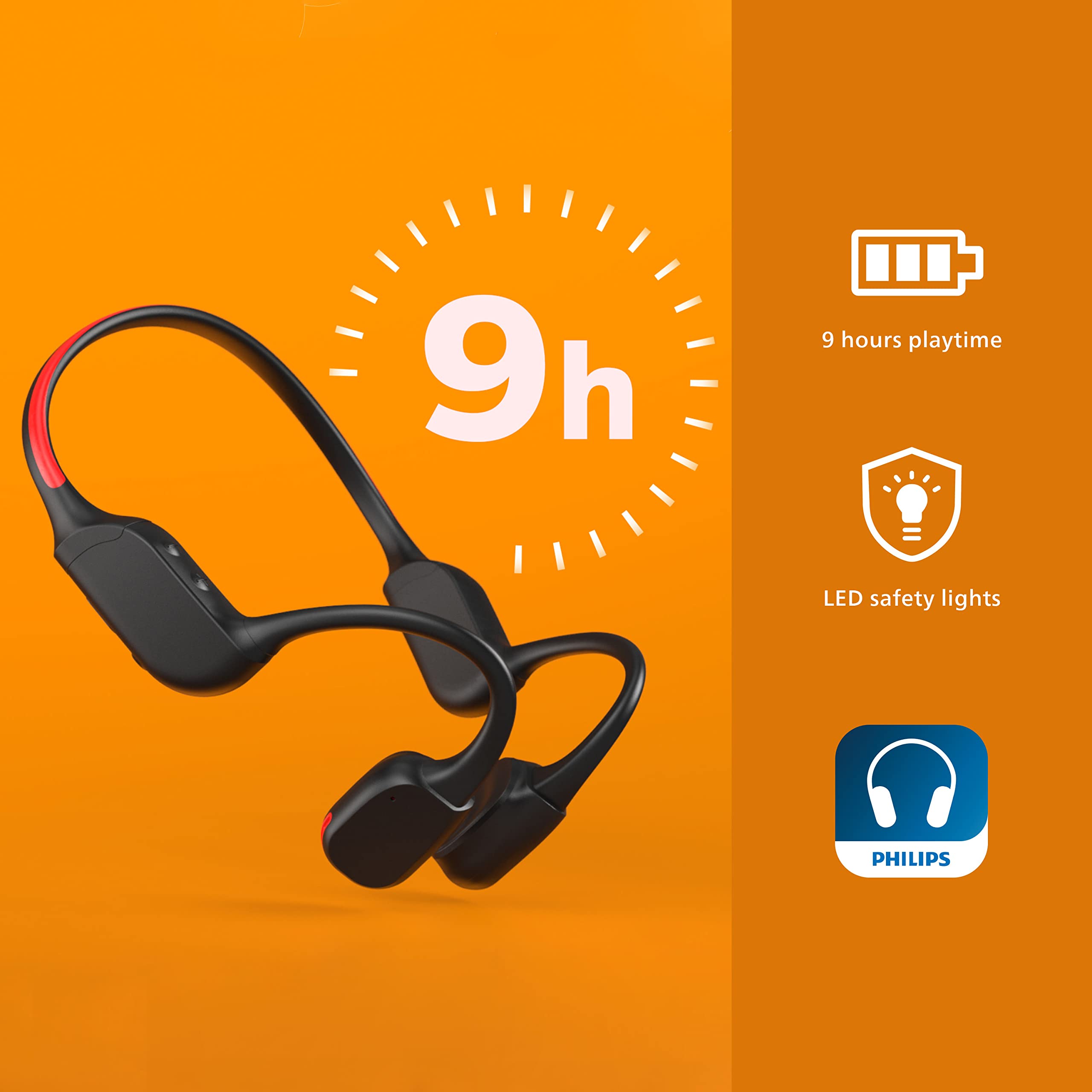 PHILIPS A7607 Wireless Bone Conduction Headphones - Bluetooth Open-Ear Headset with AI Noise Cancelling Mic, 9H Battery & Fast Charge, IP66 Waterproof, LED Safety Lights & App Control (Black) - Perfect for Running, Cycling & Outdoor Sports