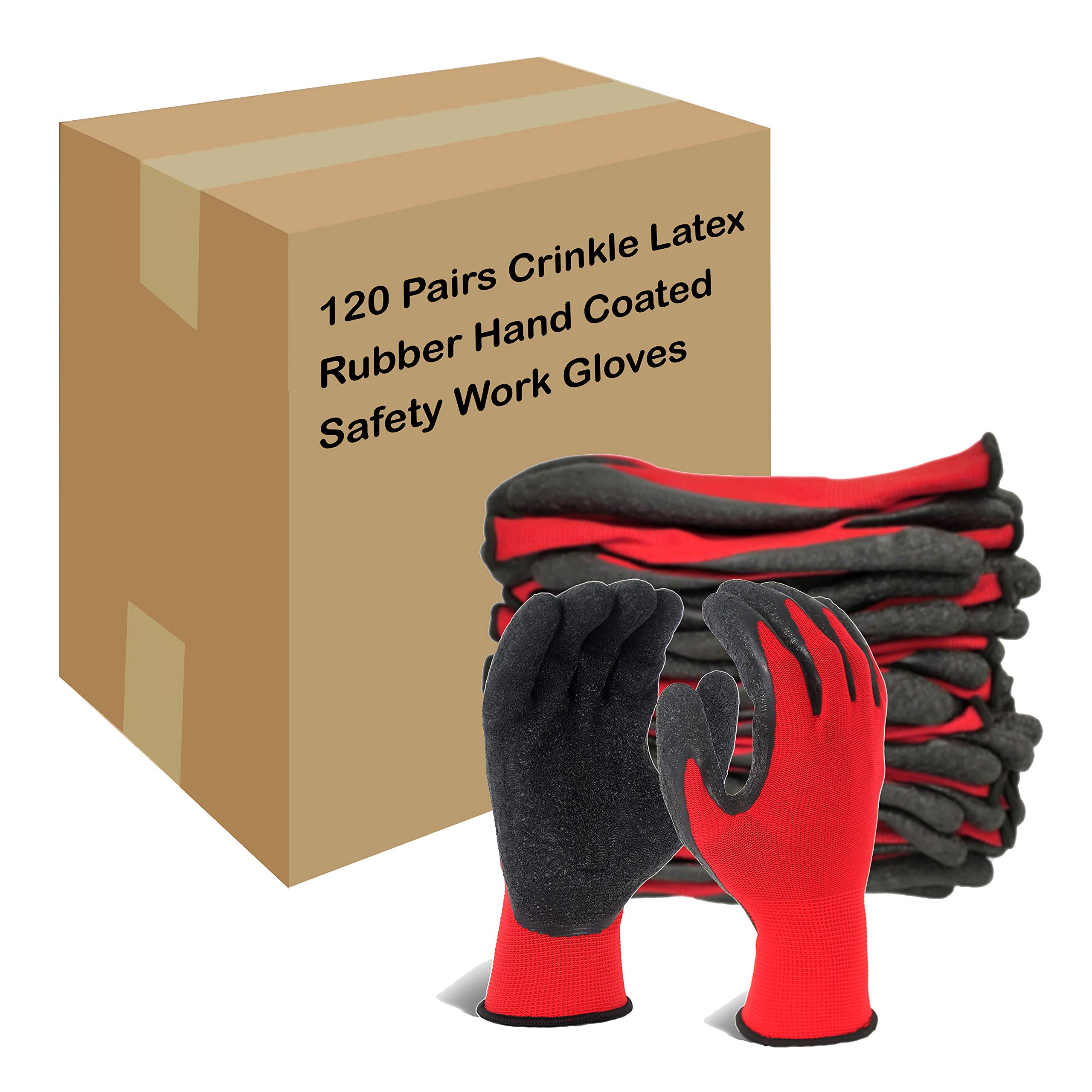 Evridwear Crinkle Latex Rubber Coated Work Gloves - Heavy Duty Safety Gloves for Men & Women - XL Size (120 Pairs) - Ideal for Construction, Warehouse, Gardening, Landscaping & DIY Projects - Red