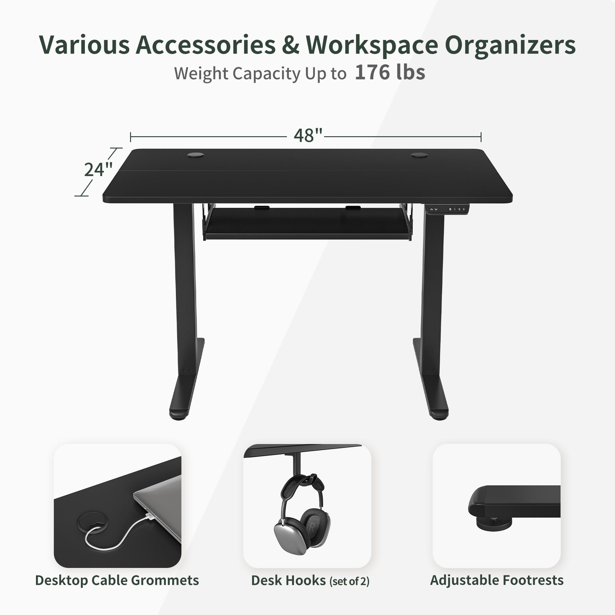 BANTI 48 x 24 Inch Electric Height Adjustable Standing Desk with Keyboard Tray - Black Frame & Black Top - Ergonomic Sit Stand Workstation for Home Office, Gaming & Study