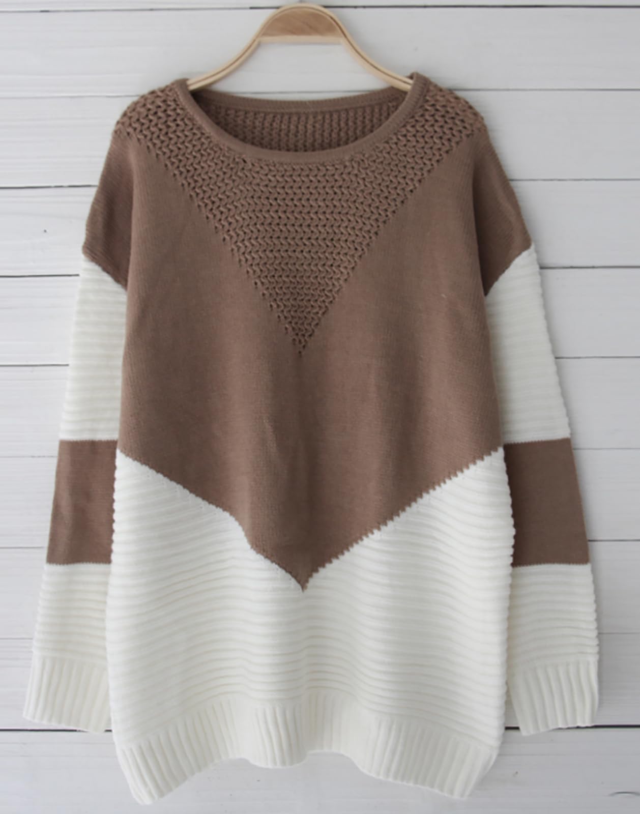 Shermie Women's Colorblock Knitted Sweater - Long Sleeve Crew Neck Loose Casual Pullover Top for Fall & Winter | Cozy Office Wear, Weekend Outfits, Layering Essential