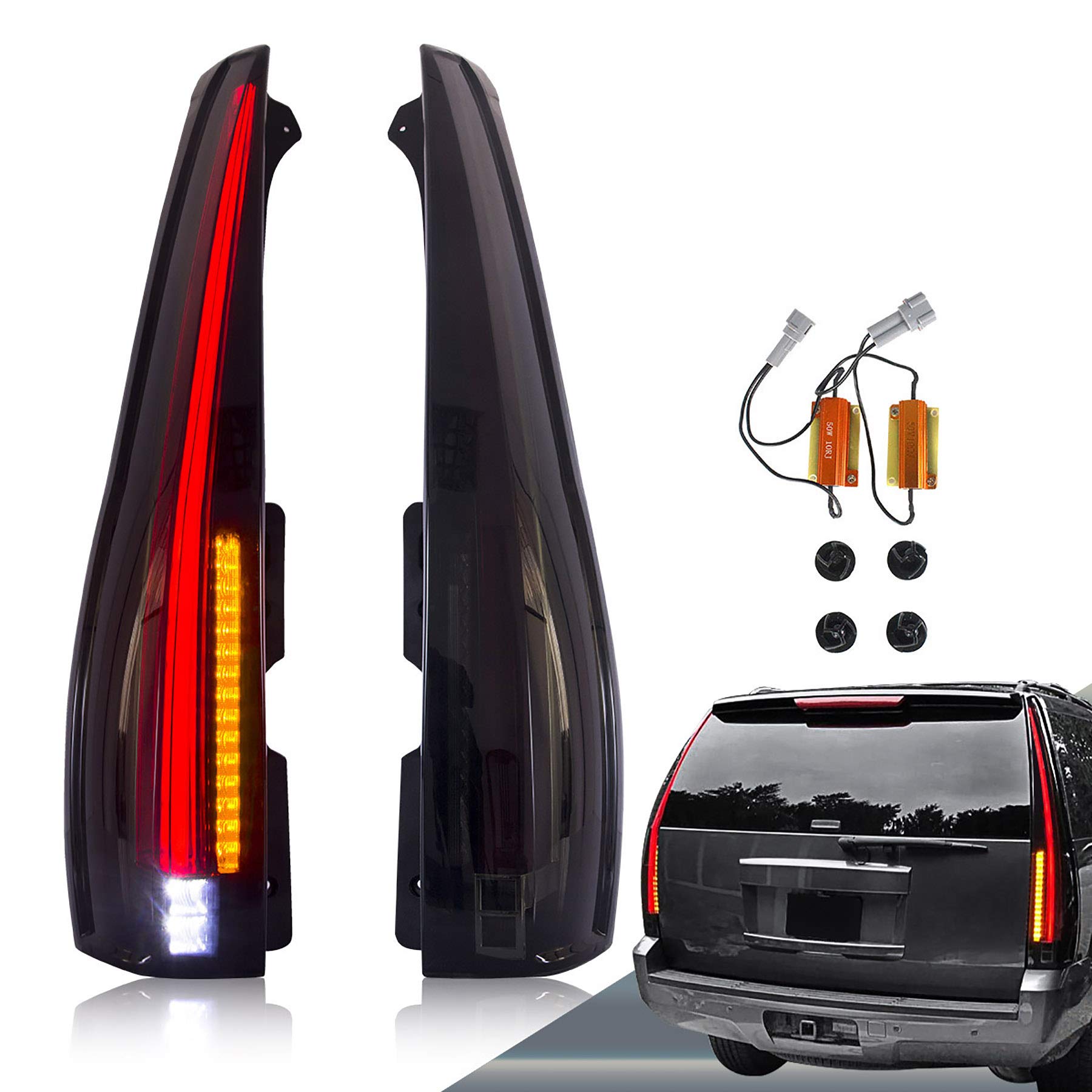VLAND LED Tail Lights for Chevy Tahoe Suburban & GMC Yukon 2007-2014 - Smoked/Tinted Full LED Rear Lamp Assembly with Yellow Turn Signal (5-Pin Connector) - Perfect for Off-Roading, Night Driving & Vehicle Customization