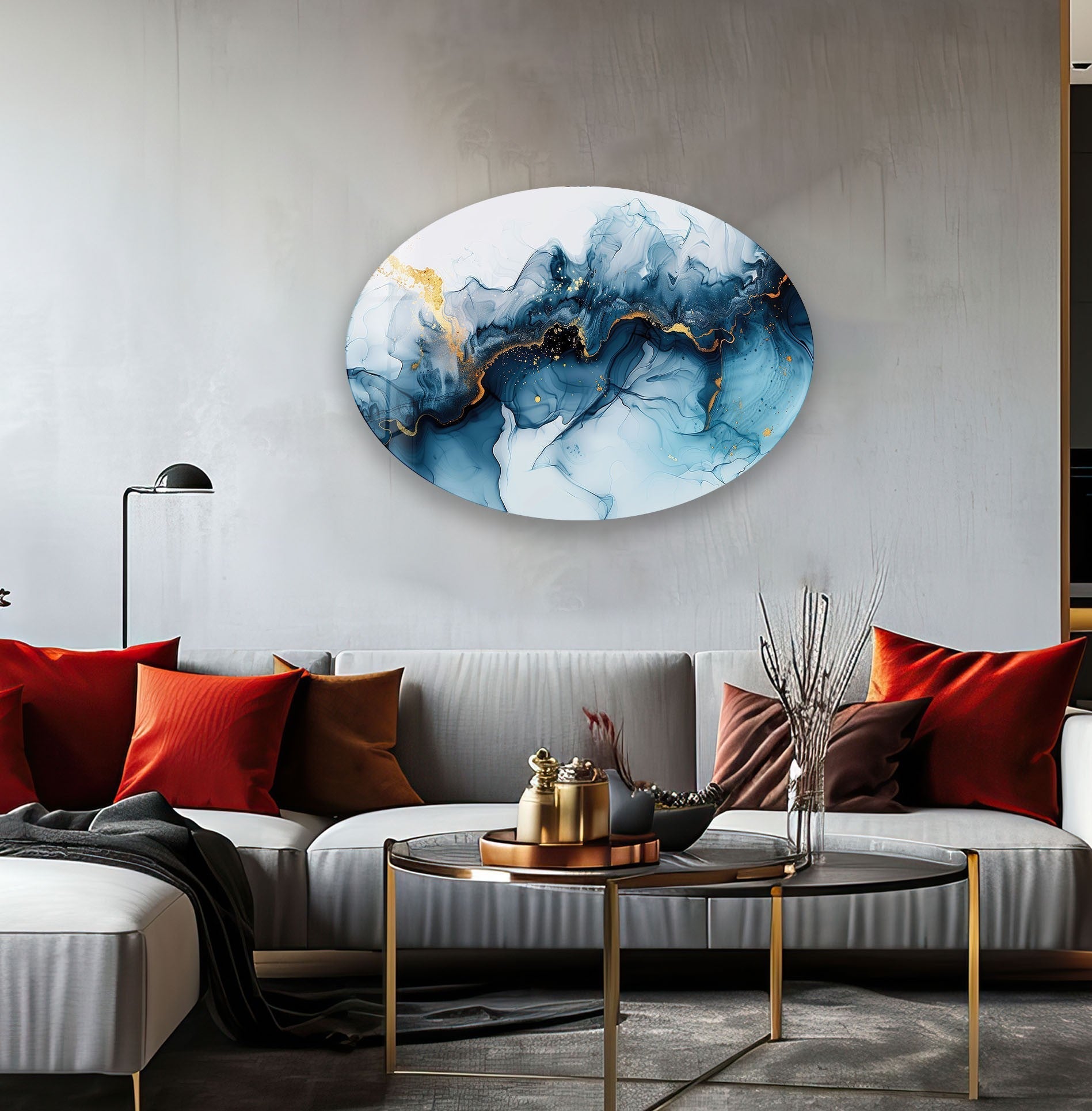 Asymmetric Oval Navy Blue Glass Wall Art - Modern Abstract Home Decor for Living Room, Bedroom, Office - Handmade Glass Wall Hanging for Unique Interior Design