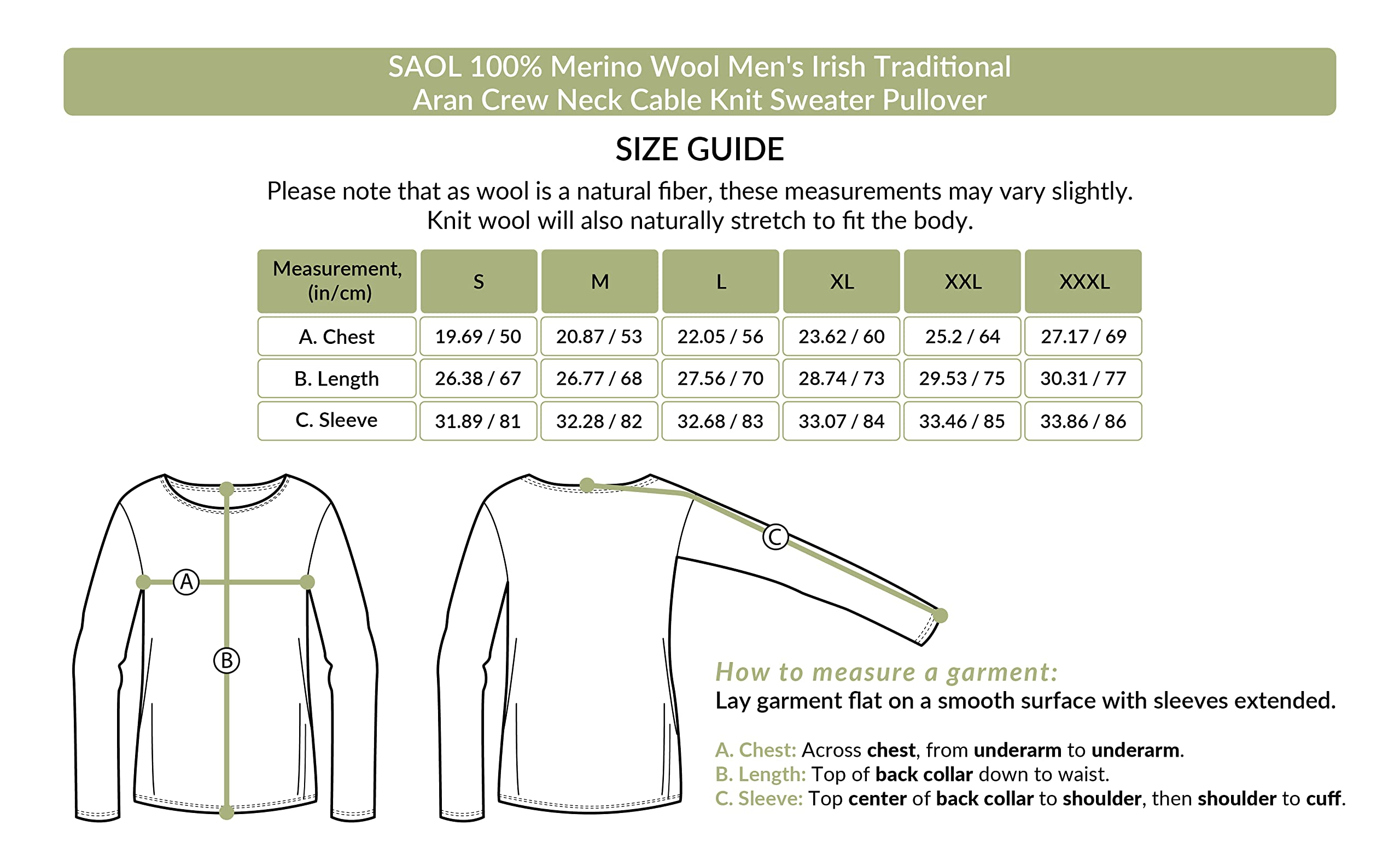 SAOL 100% Merino Wool Men's Irish Traditional Aran Crew Neck Cable Knit Sweater Pullover - Warm Winter Sweater for Men, Casual & Office Wear, Perfect for Christmas Gifts & Outdoor Activities