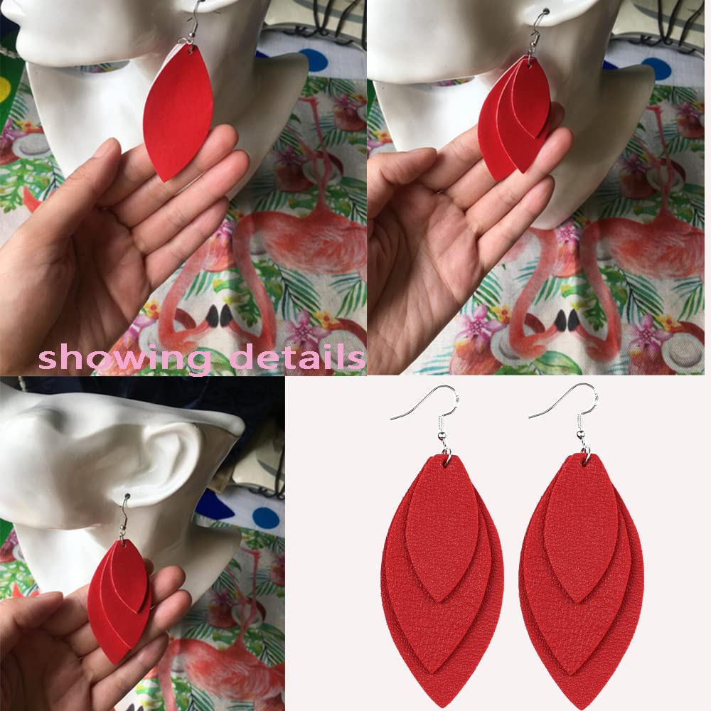 TIDOO Women's Fashion Teardrop Leaf Leather Earrings - Set of 3 Red Dangle Drop Earrings for Women | Perfect for Boho Chic, Casual Wear, and Special Occasions