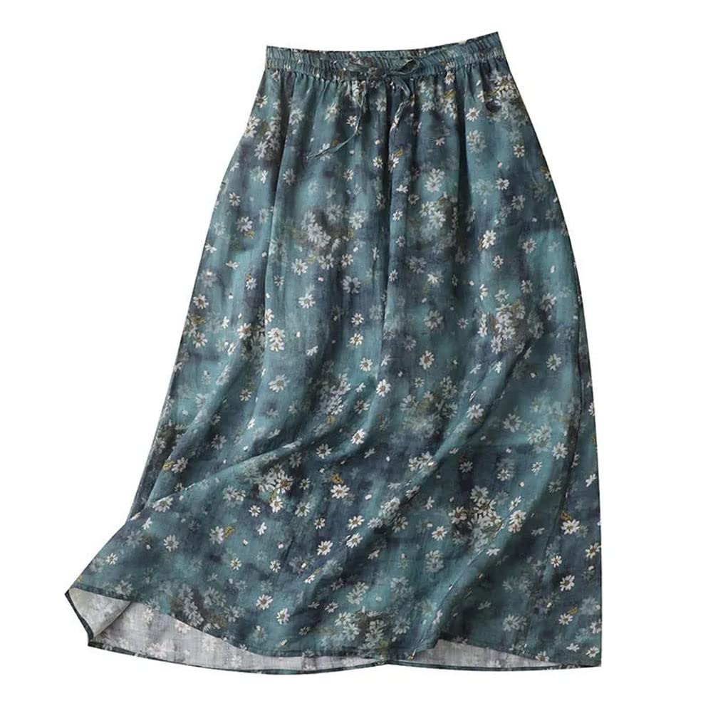 GGUHHU Women's Floral Print Linen Skirt - Elastic High Waist Pleated A-Line Midi Skirt with Pockets | Summer Casual Outfit, Beach Vacation, Boho Style Fashion