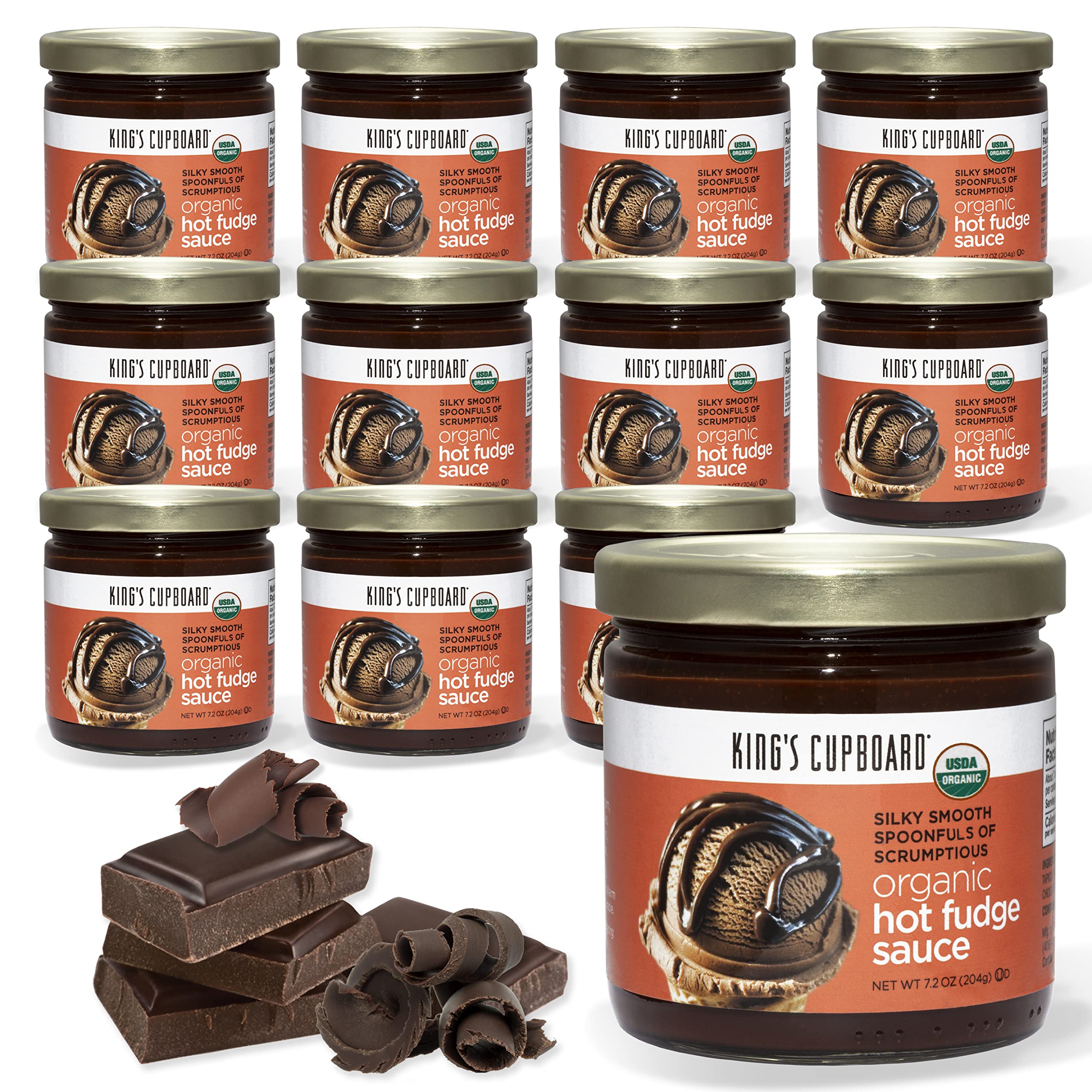 Organic Hot Fudge Sauce by King's Cupboard - Premium Chocolate Topping for Ice Cream, Desserts, Coffee, Baking & Fondue | Gluten-Free, Kosher, All Natural | 7.2 oz (Pack of 12) | Perfect for Family Gatherings, Movie Nights & Holiday Treats