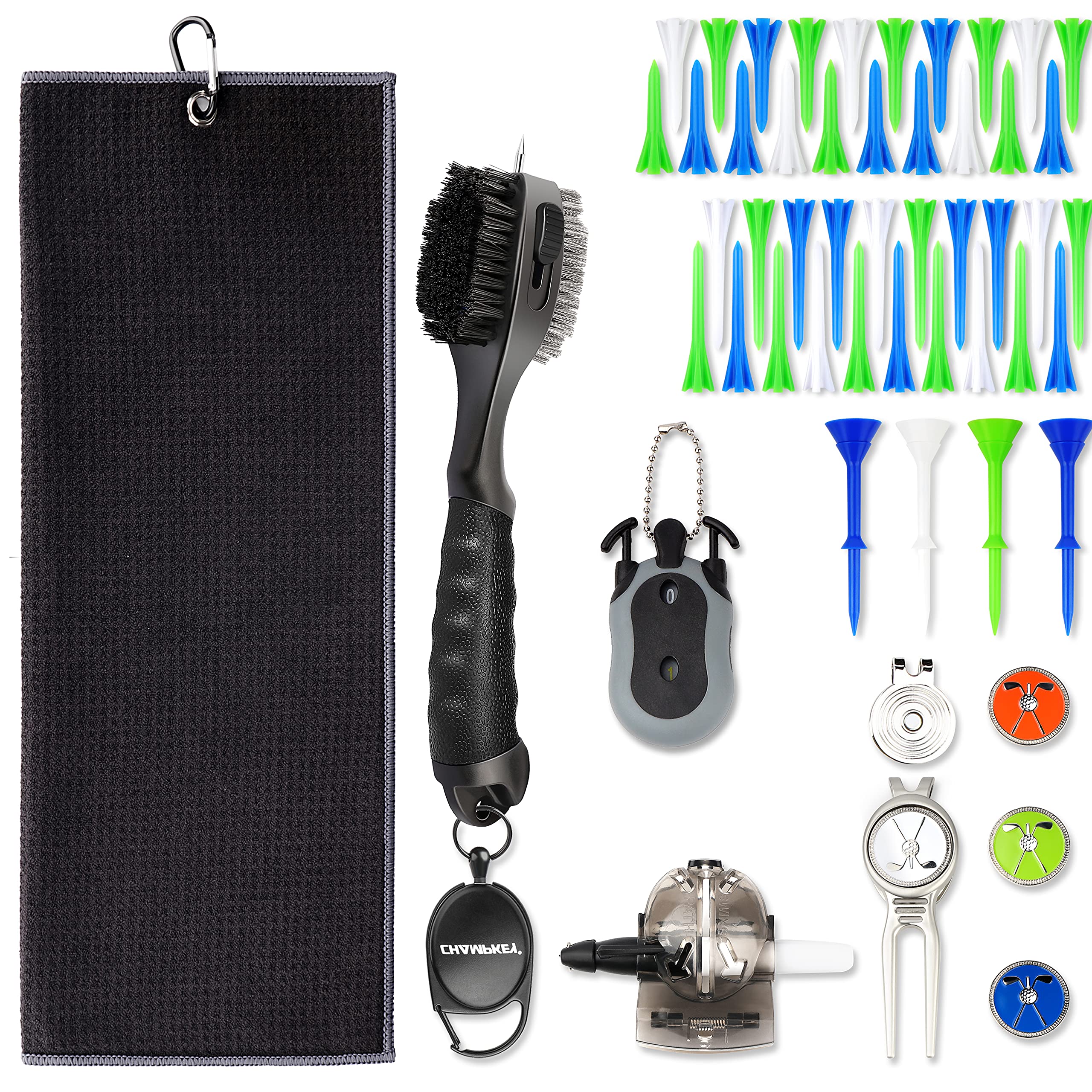CHAMPKEY Deluxe 10-in-1 Golf Club Cleaning Kit with Towel | Includes Divot Tool, Ball Liner, Score Counter, Tees, Cap Clip & Ball Marker | Perfect for Golf Course Maintenance & Equipment Care
