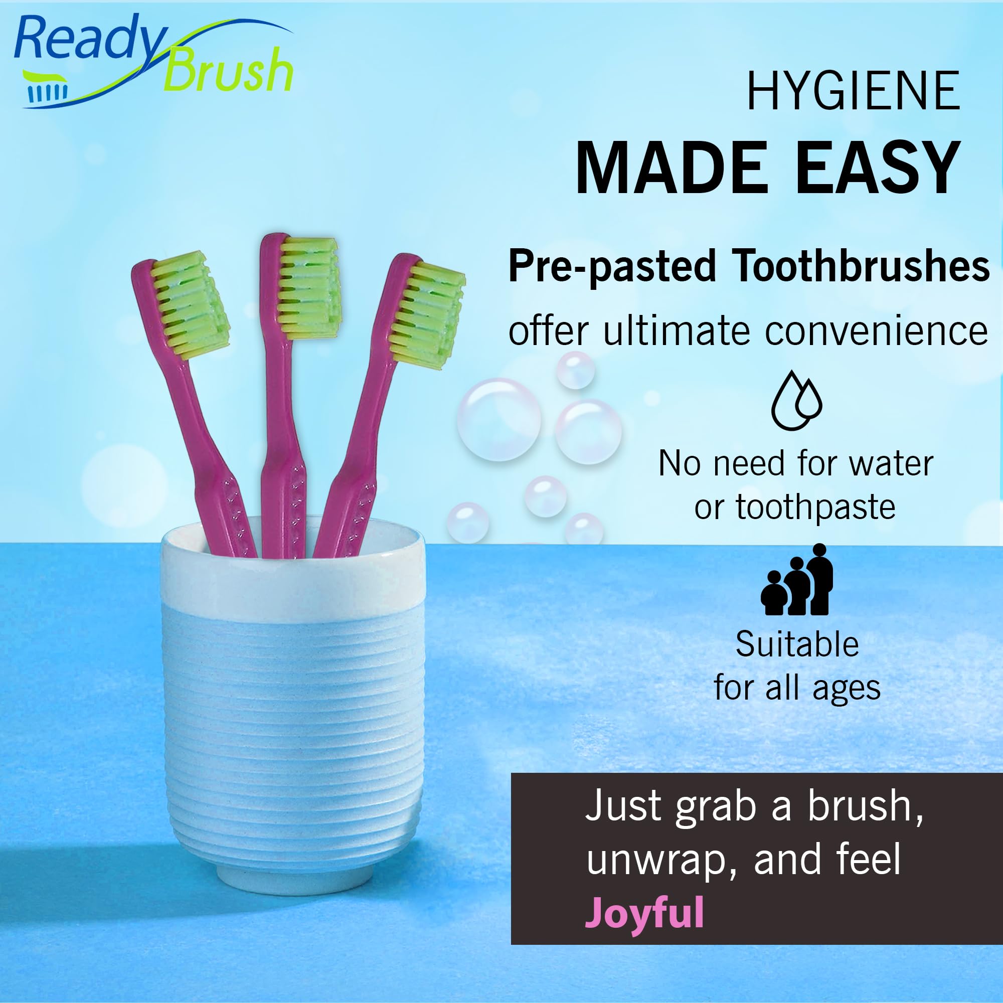 READYBRUSH JR 30 Pack Reusable Kids Toothbrushes with Bubblegum Flavor Prepasted Toothpaste - Individually Wrapped Bulk Toothbrushes for School, Camp, Travel - Made in USA | Perfect for Kids Oral Care, Classroom Supplies & Emergency Kits