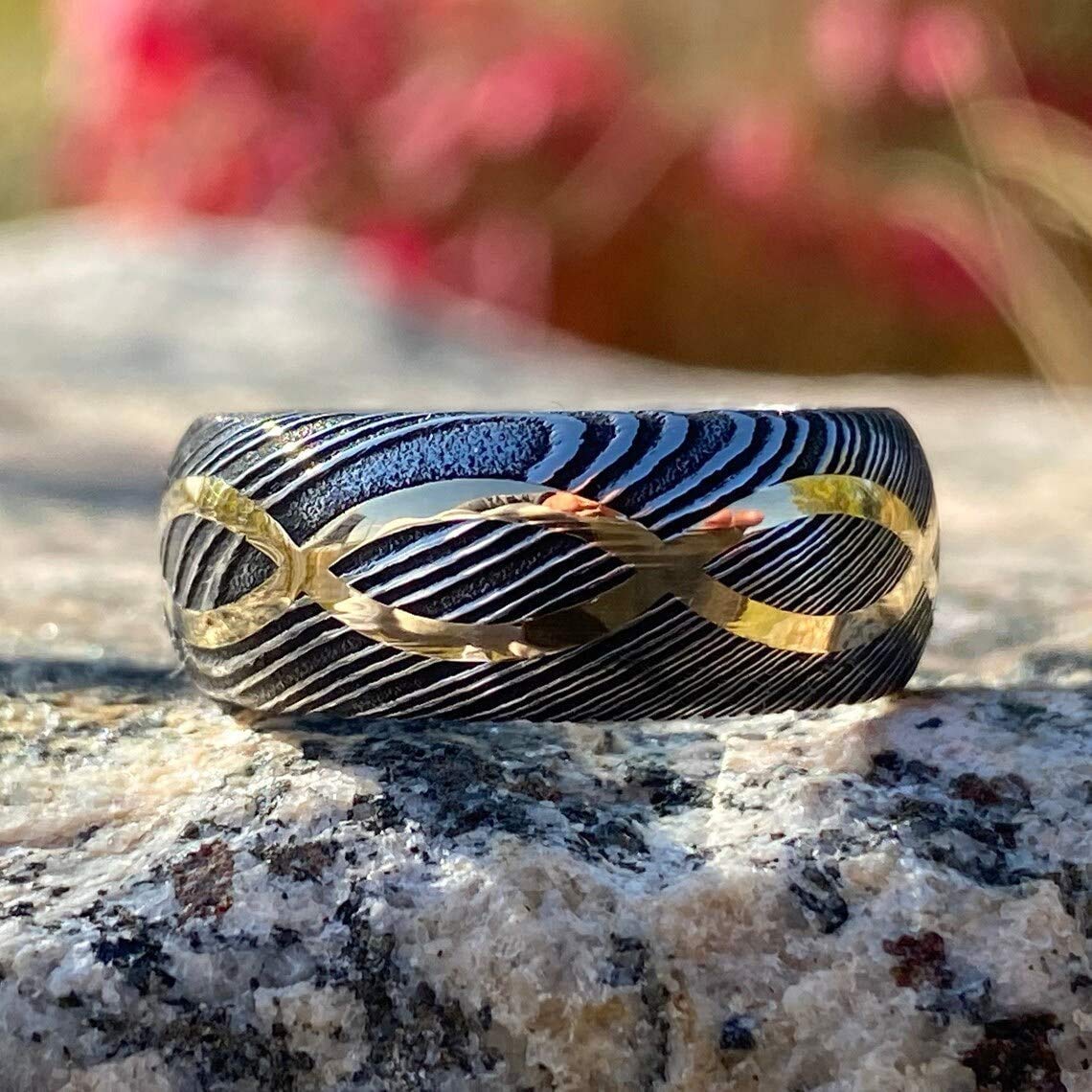 Handmade Damascus Steel Infinity Symbol Ring with Copper Inlay - Custom KE-205-AT Wedding Band, Father's Day Gift for Men (Colors May Vary) | Perfect for Anniversaries, Engagements & Special Occasions