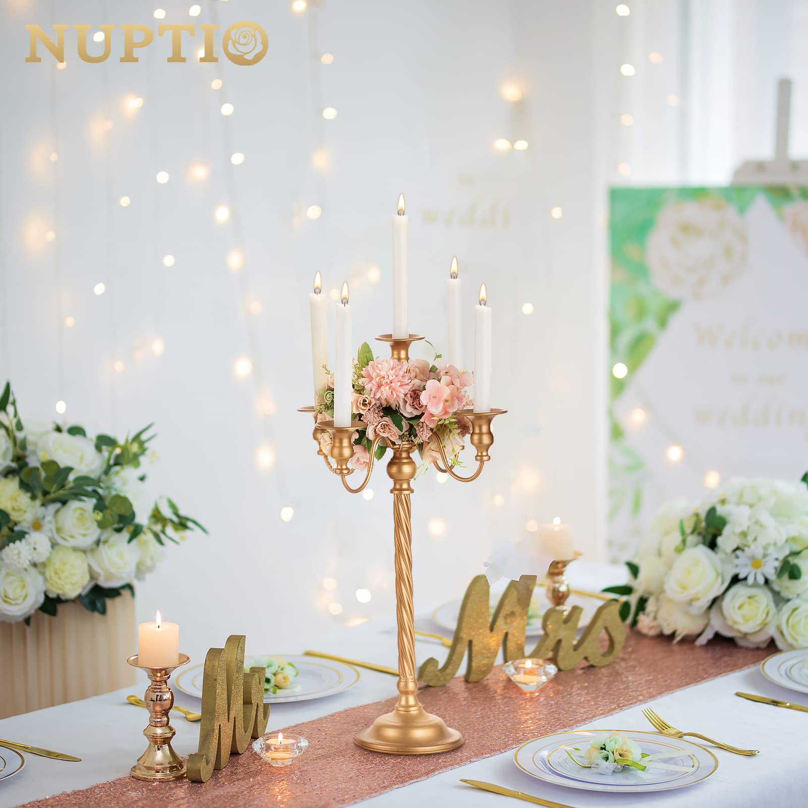 Gold 5-Arm Tall Candle Holder Set of 2 - 21 Inch Metal Candelabra for Weddings, Fireplace, Halloween & Church Decor - Elegant Table Centerpiece for Home & Special Occasions