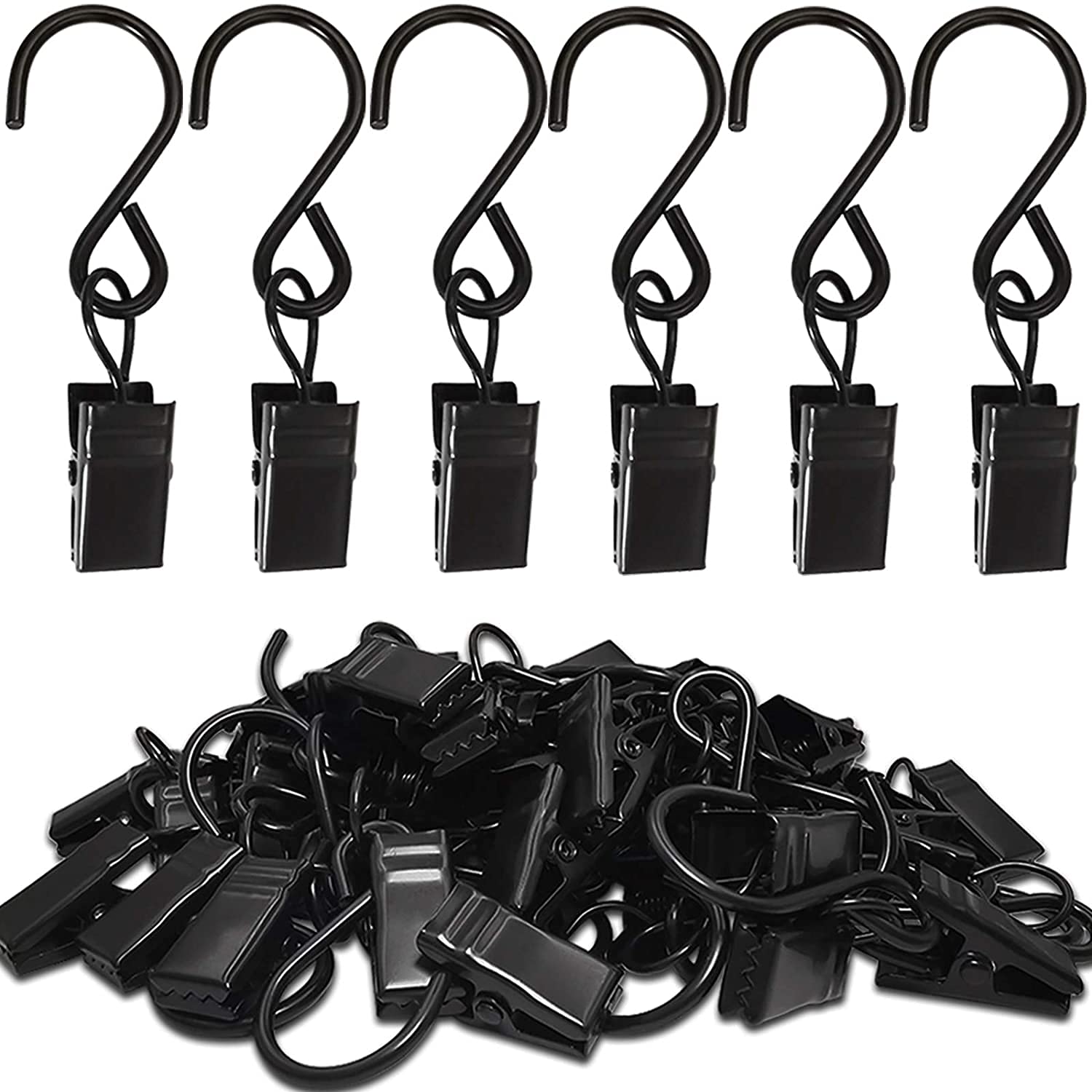 Stainless Steel S Hook Clips for Curtains, Photos, Art Craft Hanging - 20 Pack Black Metal Hangers for Home Decor & Organization