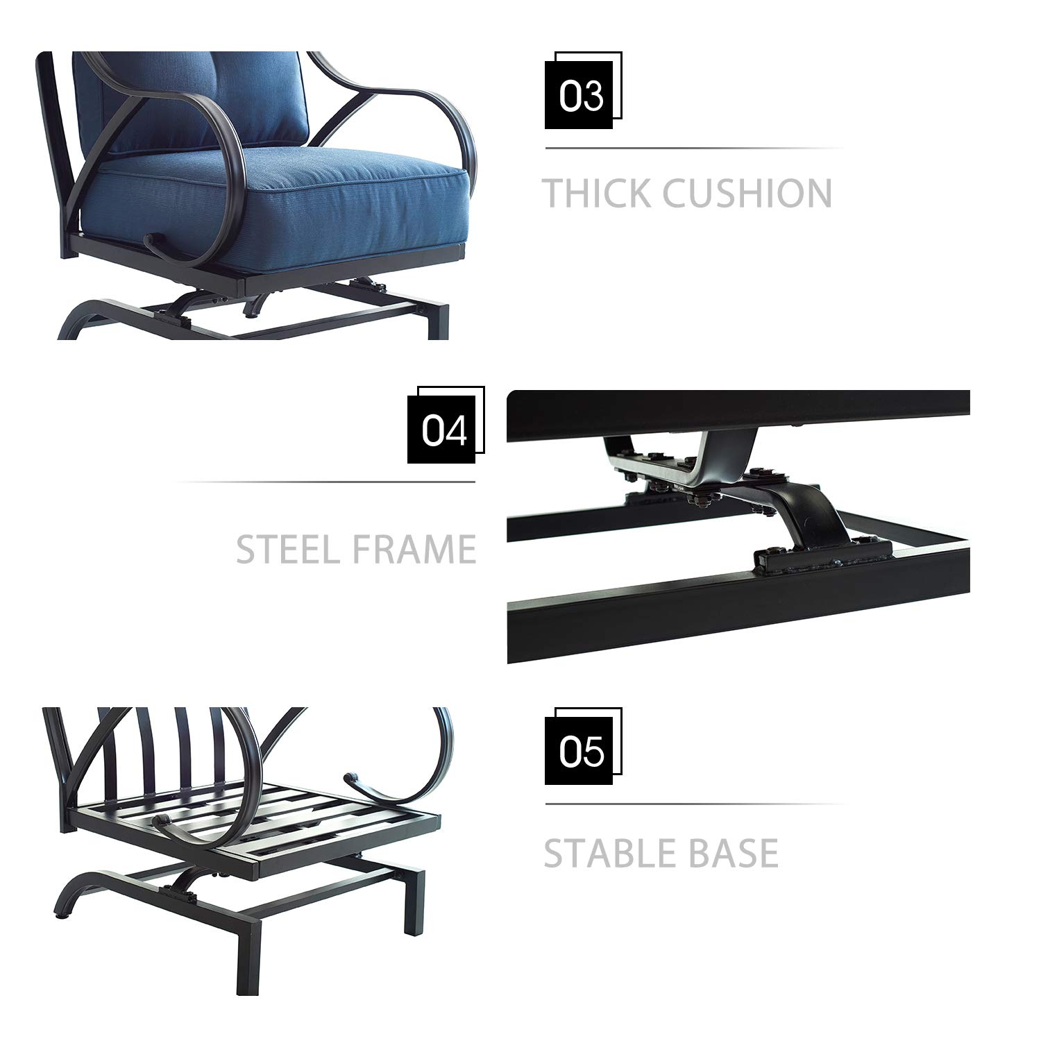 LOKATSE HOME Outdoor Bistro Chair - Wrought Iron Patio Furniture with Thick Cushions & Curved Armrests - Weather-Resistant Metal Conversation Armchair in Blue - Perfect for Garden, Deck, Poolside & Outdoor Dining Areas
