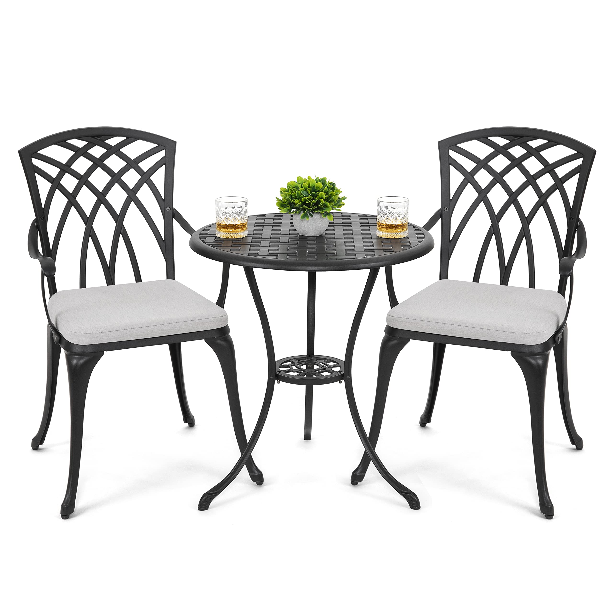 NUU GARDEN 3-Piece Outdoor Bistro Set - Cast Aluminum Patio Table and 2 Chairs with Umbrella Hole & Gray Cushions, Black - Perfect for Small Balcony, Garden or Poolside Dining