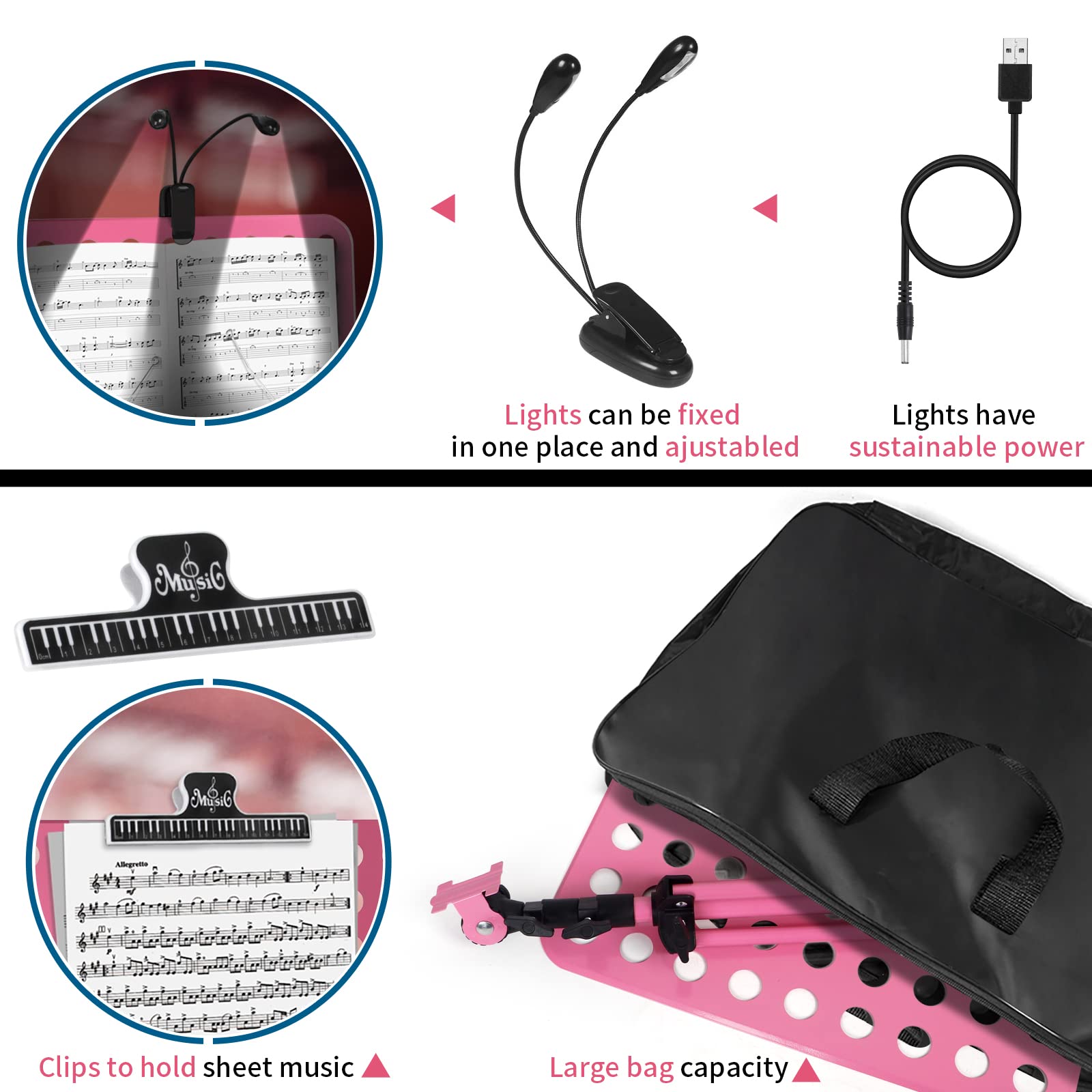 Lotmusic Pink Portable Music Stand - Foldable & Height-Adjustable Sheet Music Holder with Carrying Bag, Clip & Light | Perfect for Piano, Violin Practice & Travel | Home, School & Outdoor Use