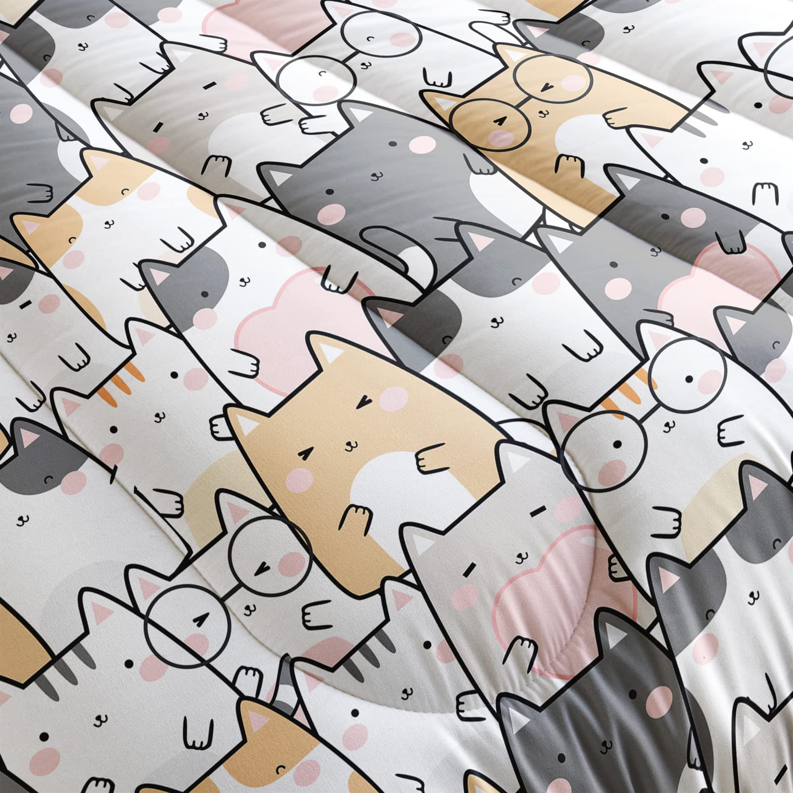 QOOMO Kawaii Cat Comforter Full Size - 3PCS Cute Cat Print Bedding Set with 2 Pillowcases for Kids & Teens | Soft Lightweight Down Alternative Comforter | Perfect for Kids' Bedrooms, Dorm Rooms & Sleepovers