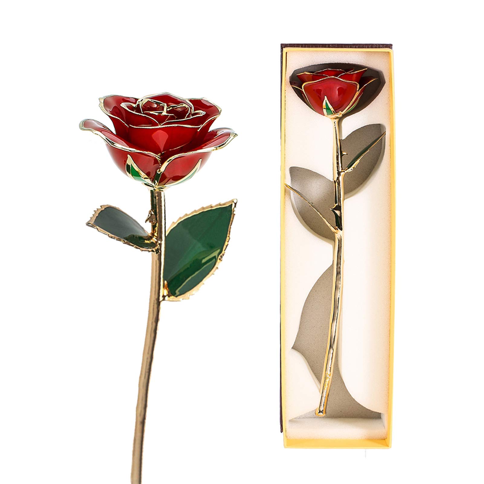 24K Gold Dipped Rose in Gift Box - Real Golden Rose with Long Stem & Green Leaf - Luxury Valentine's Day Gift for Her - Perfect for Anniversaries, Weddings & Romantic Occasions