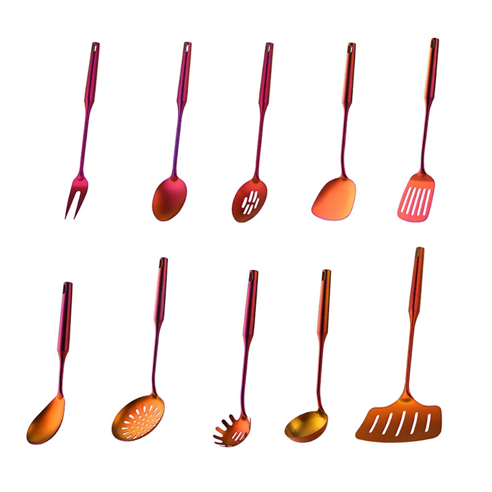 Premium 18/8 Stainless Steel Kitchen Utensil Set - 10 Piece Cooking Tools with Long Handles (Orange Red) | Non-Slip Grip & Heat Resistant | Ideal for Frying, Baking & Everyday Cooking