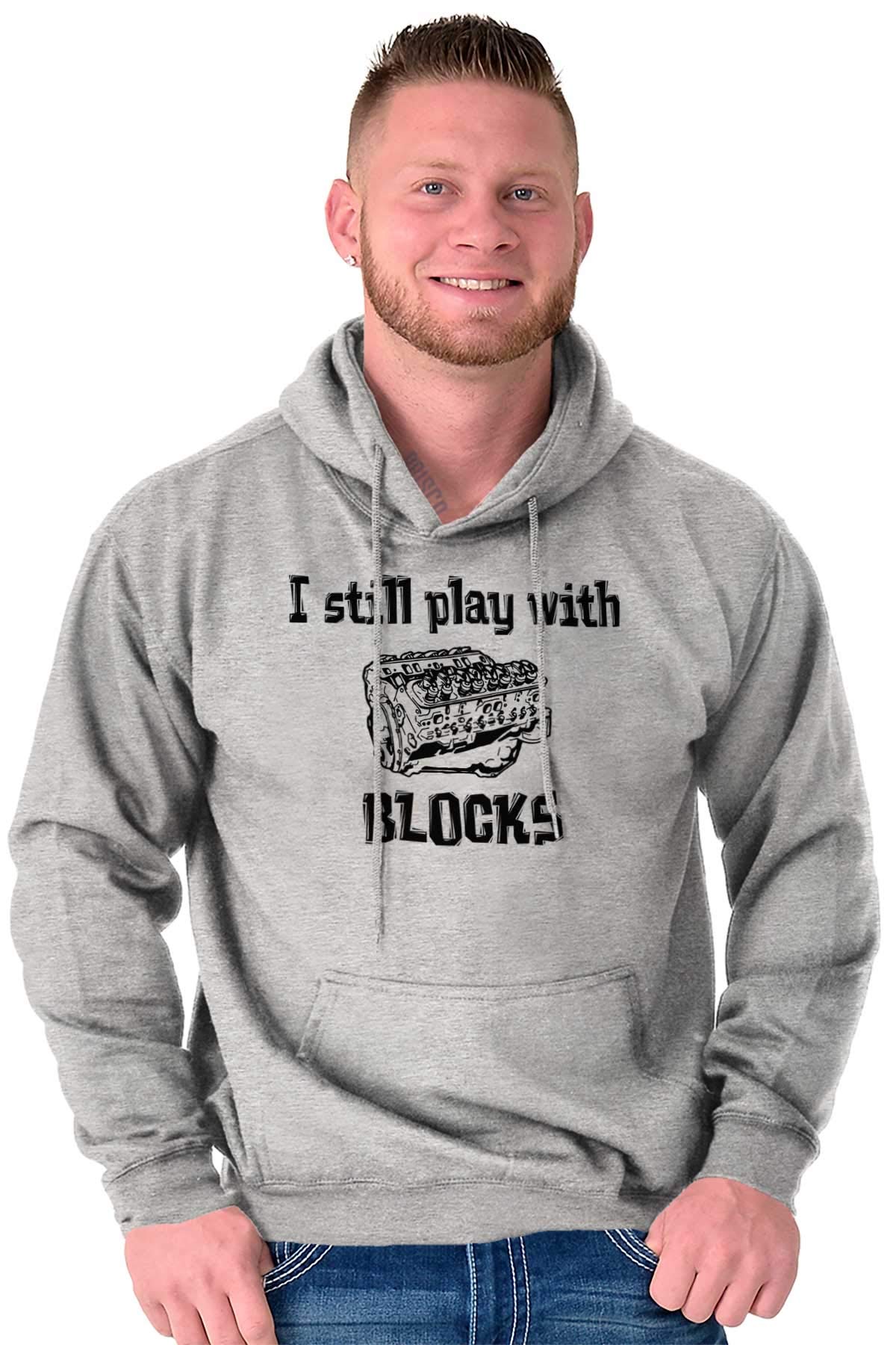 Brisco Brands Play With Blocks Car Engine Mechanic Hoodie Sweatshirt for Men & Women - Perfect for Auto Enthusiasts, Mechanics, and Casual Wear