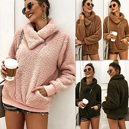 Women's Casual Turtleneck Fuzzy Fleece Sweatshirt - Long Sleeve Oblique Zipper Pullover Loose Sweater Tops Blouse with Pockets for Winter Warmth and Cozy Outings