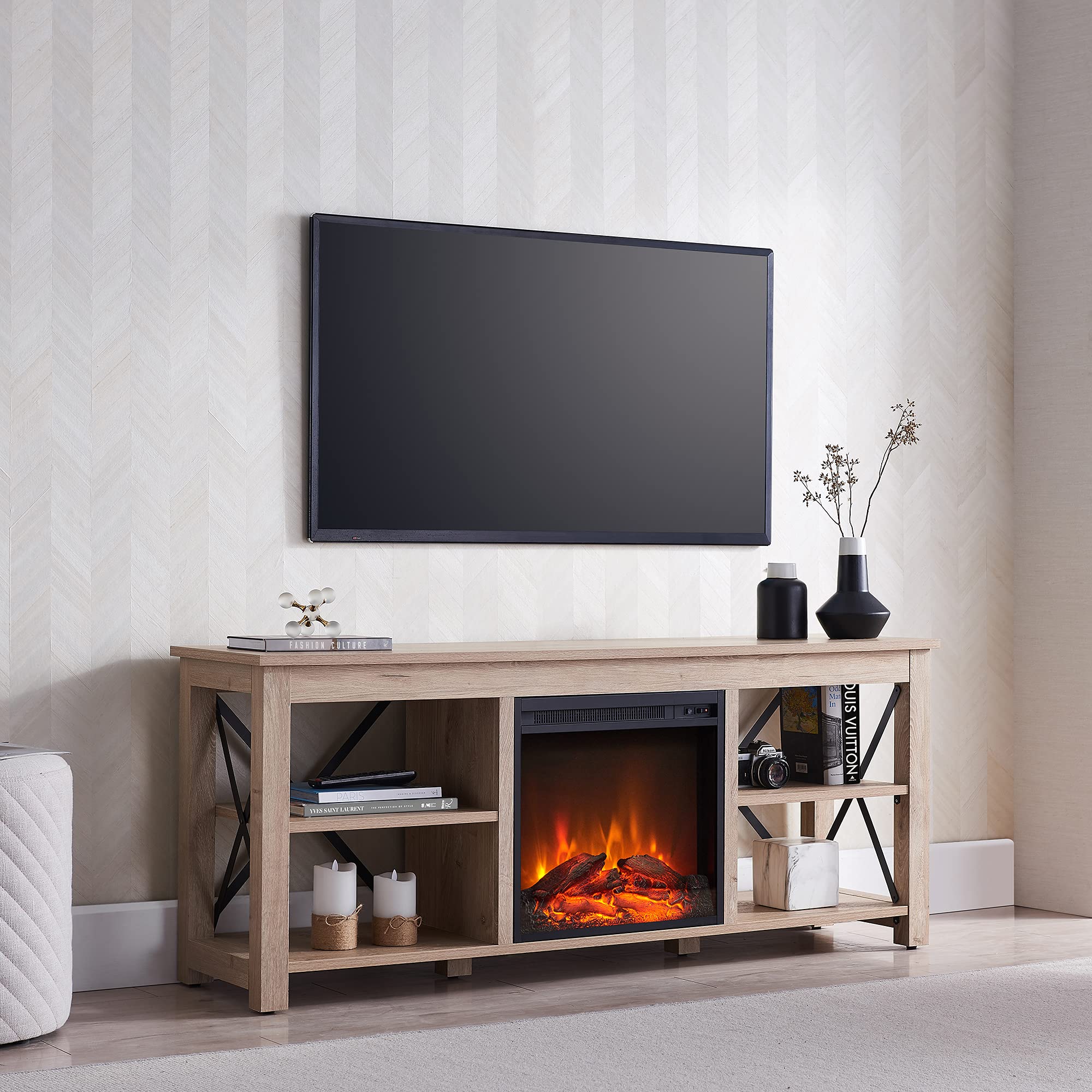 Sawyer White Oak Rectangular TV Stand with Fireplace for 65 Inch TVs - Perfect for Living Room, Bedroom & Home Theater Setup