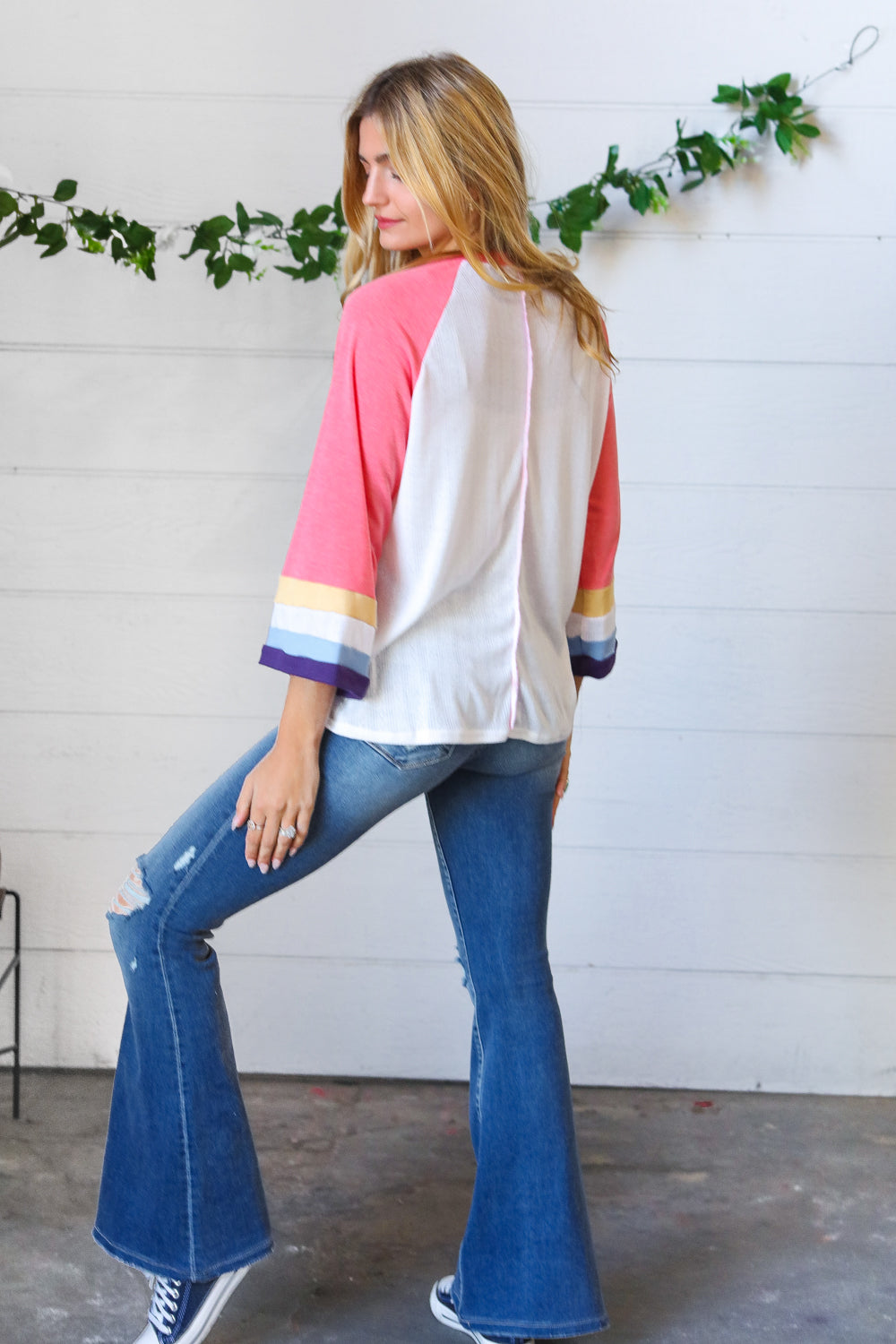 Stylish Pink Pointelle Color Block Wide Sleeve Pullover Sweater | Women's Fashion Knit Top | Perfect for Casual Outings & Layering