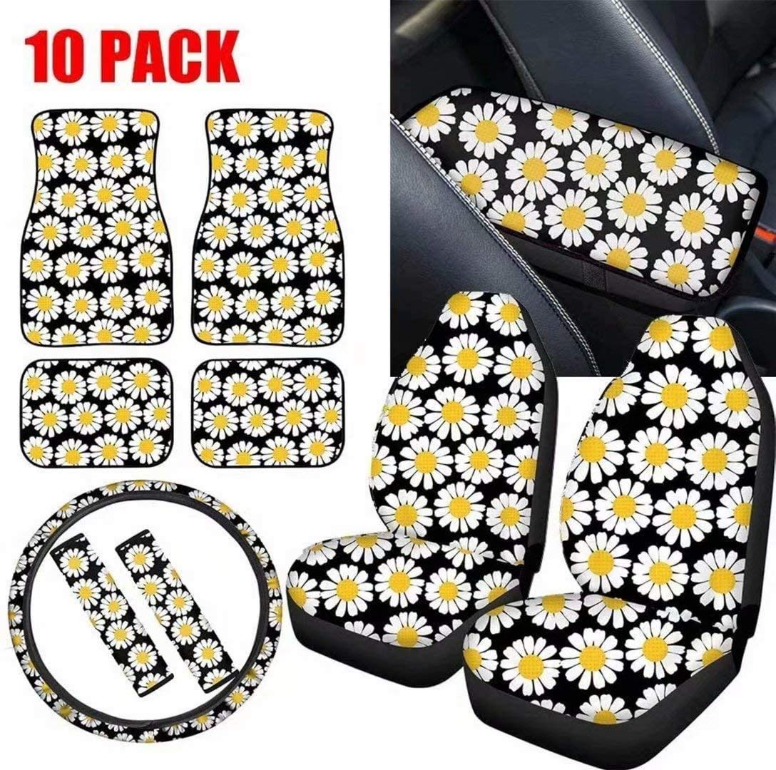GePrint Daisy Flowers Car Interior Accessories Set - 2 Seat Covers, 4 Floor Mats (Front & Rear), Steering Wheel Cover, 2 Seat Belt Covers & Armrest Cover - Floral Car Decor for Women - Perfect for Daily Commute, Road Trips & Car Gifts