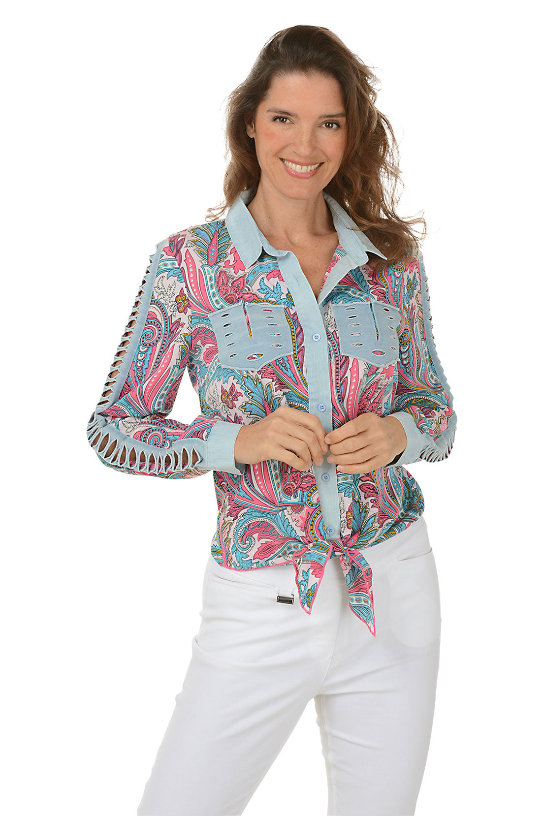 Stylish Pink Slashed Paisley Tie Front Shirt for Women | Trendy Floral Print Blouse | Perfect for Office, Date Night & Casual Outfits