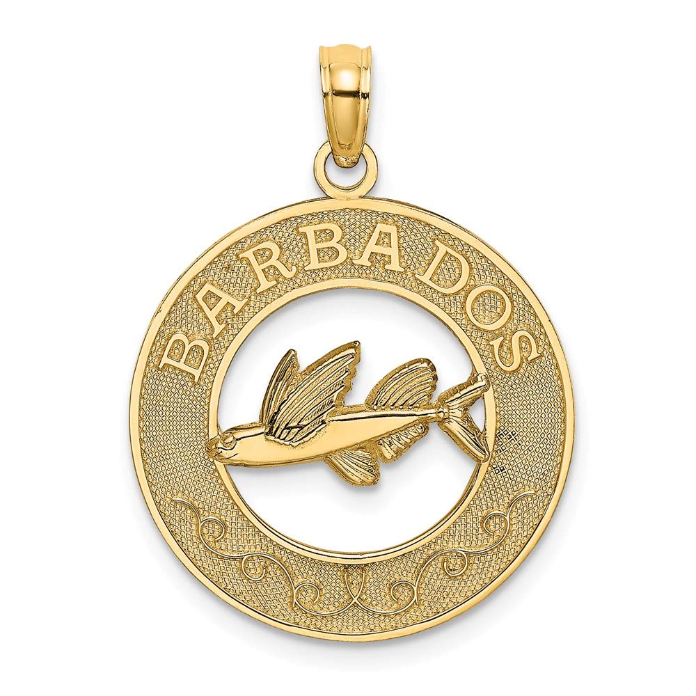 14K Yellow Gold Barbados Round Frame Pendant with Flying Fish Design - 0.94 x 0.74 Inch Elegant Jewelry for Women, Perfect Gift for Birthday, Anniversary & Special Occasions