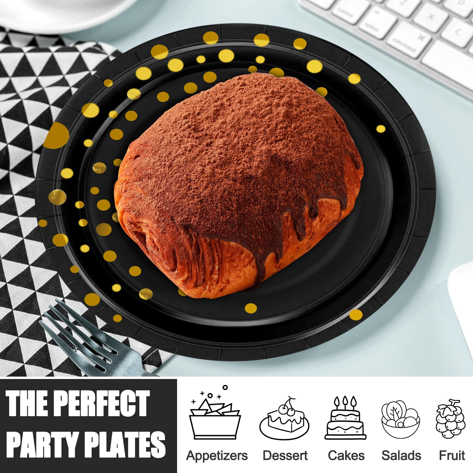 Black and Gold Disposable Paper Dessert Plates 7 Inch (50-Pack) - Elegant Gold Dot Cake Plates for Parties, Halloween, Birthdays & Special Events - Perfect for Desserts, Snacks & Beautiful Party Decorations