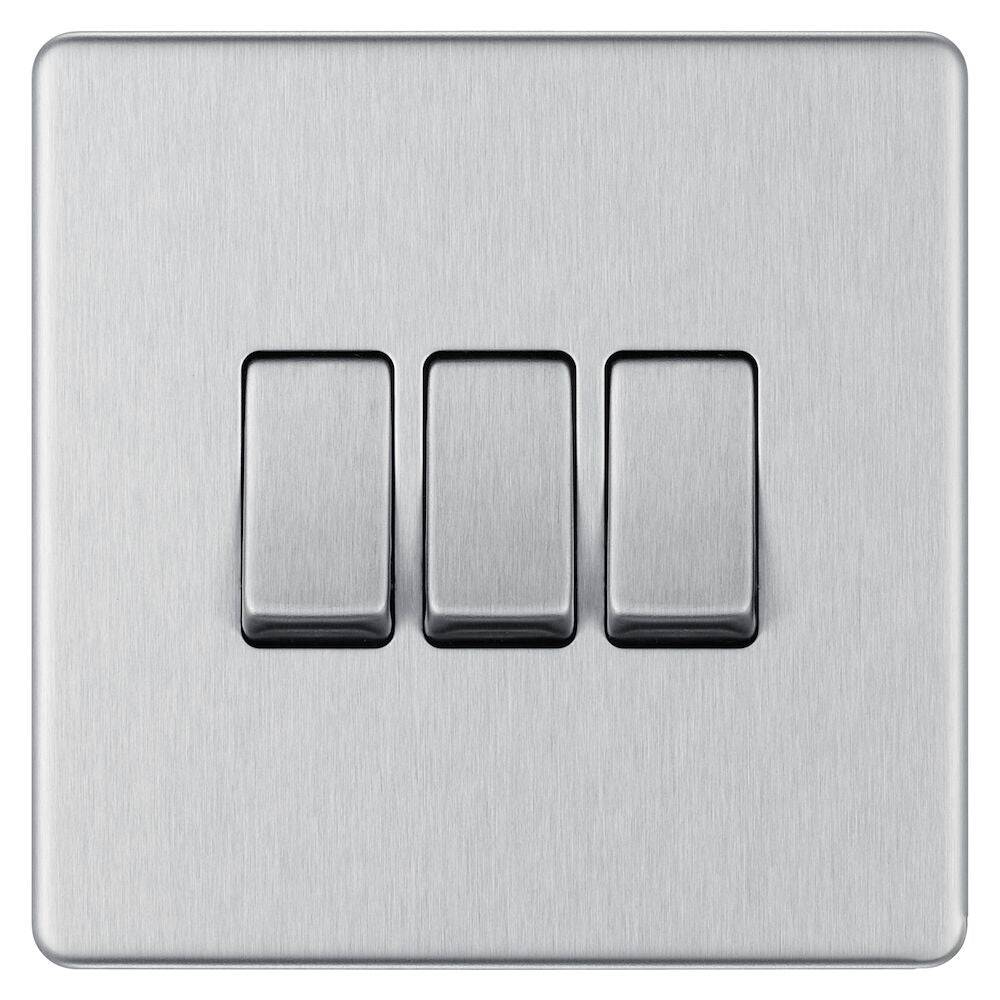 BG Nexus Screwless Brushed Steel 3G 2W Light Switch FBS43 - Modern Electrical Switch for Home & Office Decoration
