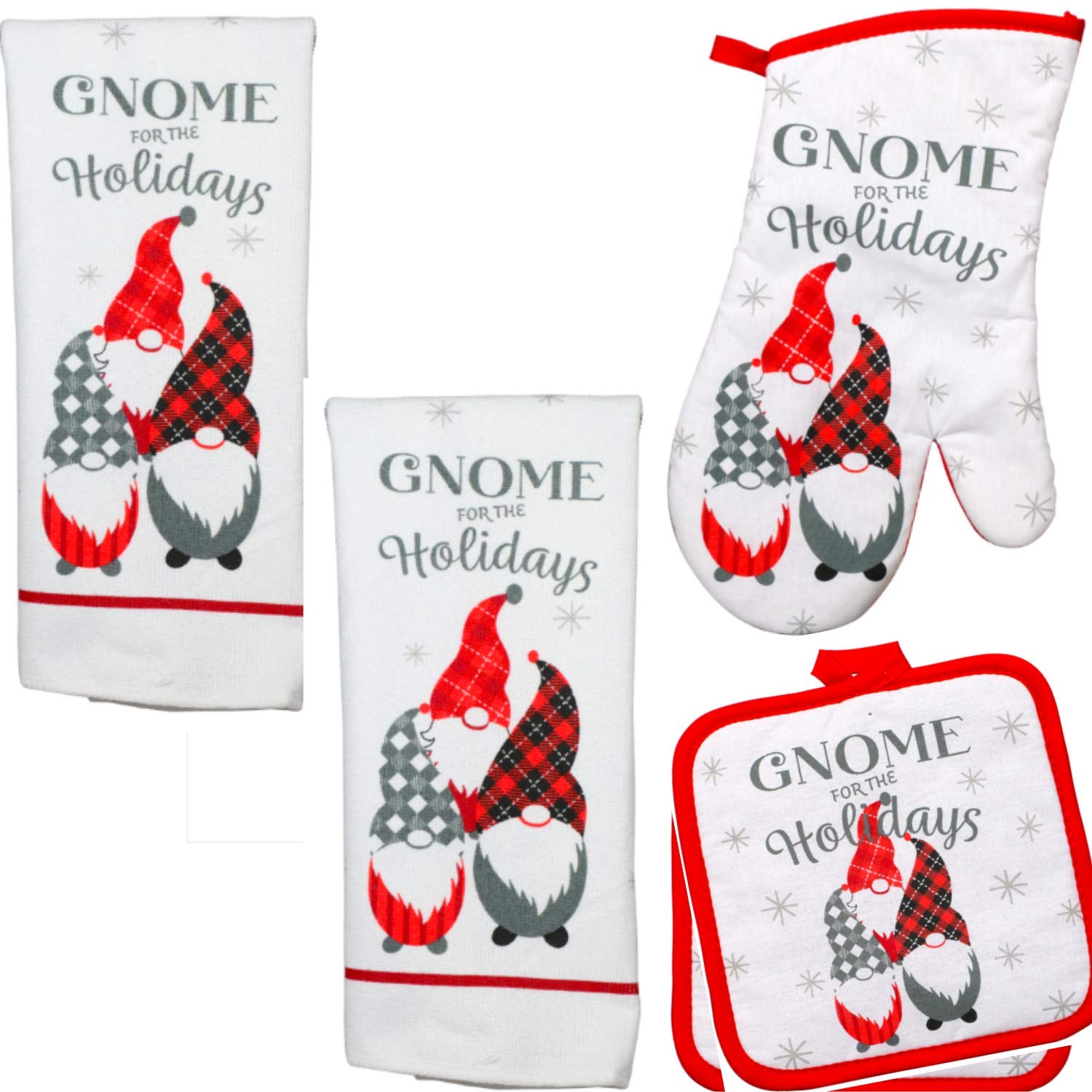 Gnome-Themed Holiday Kitchen Towel Set (5-Piece) - Christmas Dish Towels, Oven Mitt & Pot Holders - Festive Gnome Decor for Kitchen - Printed Cotton Hand Towels - Perfect for Holiday Cooking, Baking & Home Decor