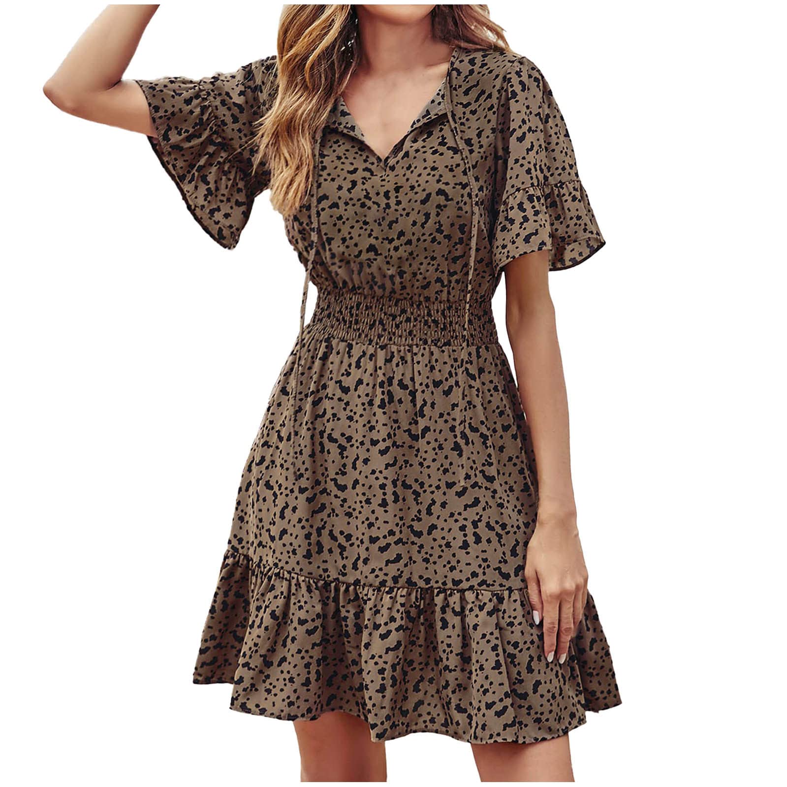 FloHua Women's Summer Dresses 2023 - Short Sleeve V-Neck Mini Dress with Elastic Waist & Polka Dot Print | Casual Flowy Dress for Beach, Vacation, Date Night & Summer Outings