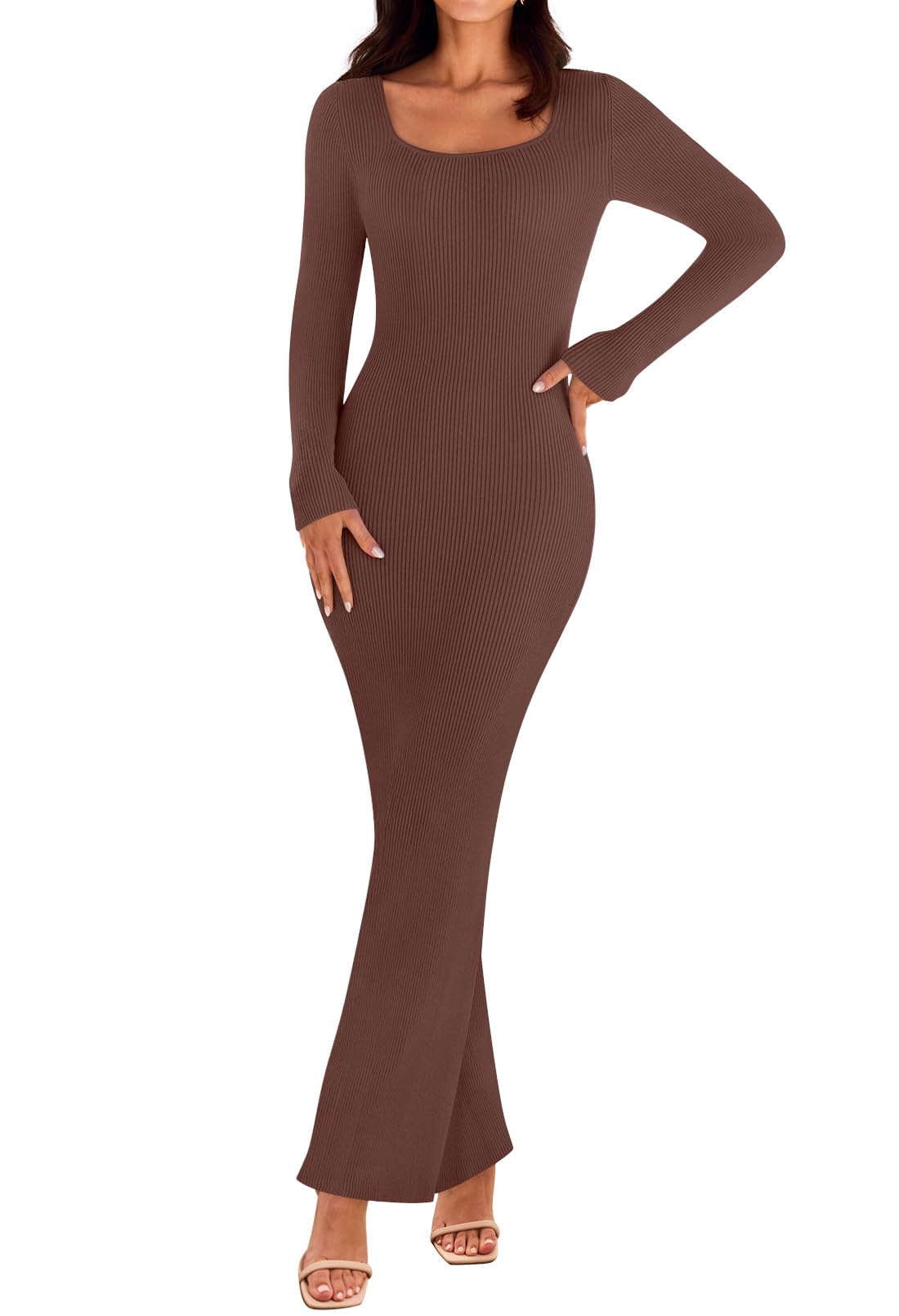 MEROKEETY Women's Long Sleeve Ribbed Knit Bodycon Maxi Dress - Square Neck Fall Sweater Dress for Women 2025 | Perfect for Autumn Dates, Office Wear & Holiday Parties