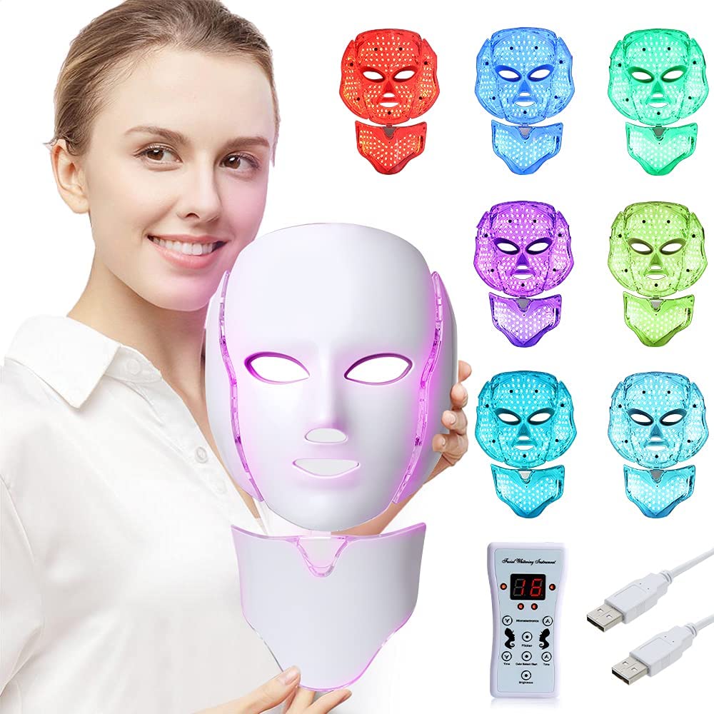 LED Face Mask Light Therapy - 7 Color Skin Rejuvenation Photon Mask for Anti-Aging, Wrinkle Reduction & Skin Tightening | At-Home Facial Care Device with Neck Treatment | Perfect for Daily Skincare Routine & Spa Treatments