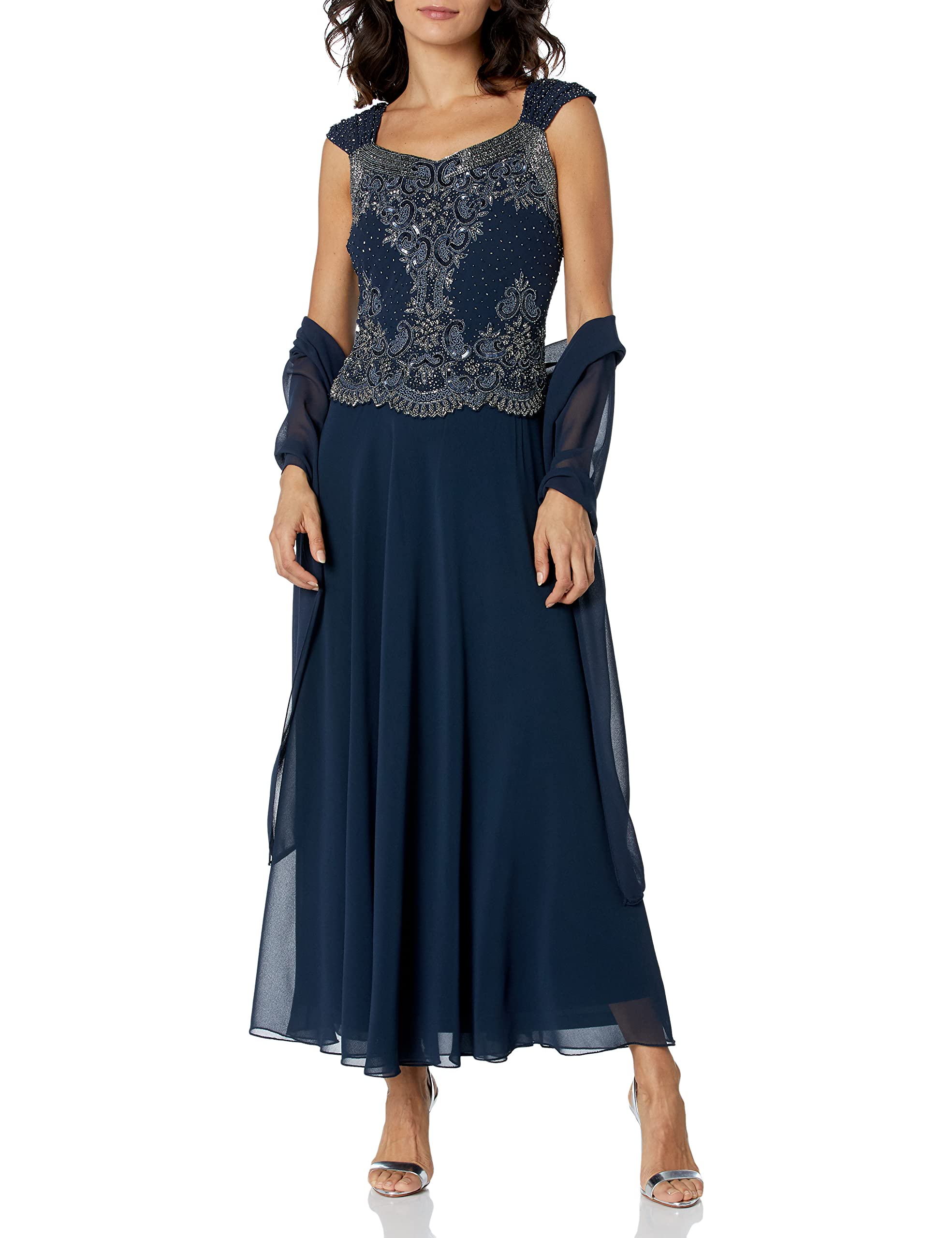 J Kara Women's Petite Beaded Cap Sleeve Dress - Elegant Floral Embroidery Formal Cocktail Party Dress for Wedding Guest, Date Night & Special Occasions
