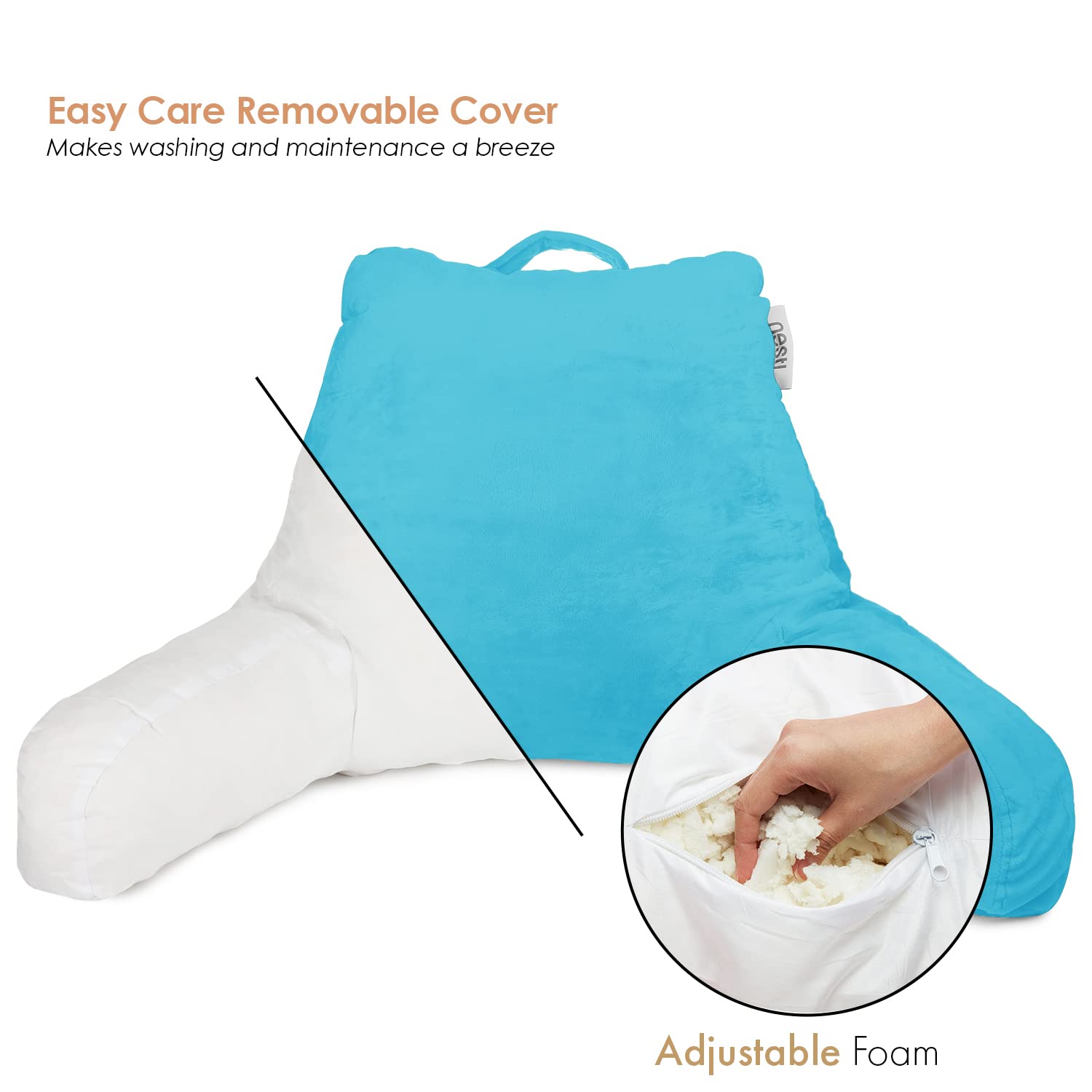 Nestl Reading Pillow with Shredded Memory Foam - Standard Size Back Support Pillow for Sitting in Bed, Reading, or Relaxing | Blue Bed Rest Pillow with Pockets | Perfect for Book Lovers, Nursing Mothers & Armchair Comfort